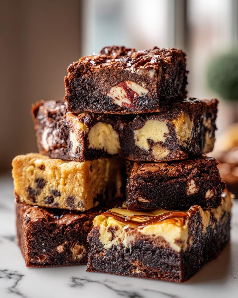 A tall stack of Ultimate Decadent Dessert Bars, featuring chocolate, cheesecake, and cookie dough variations.