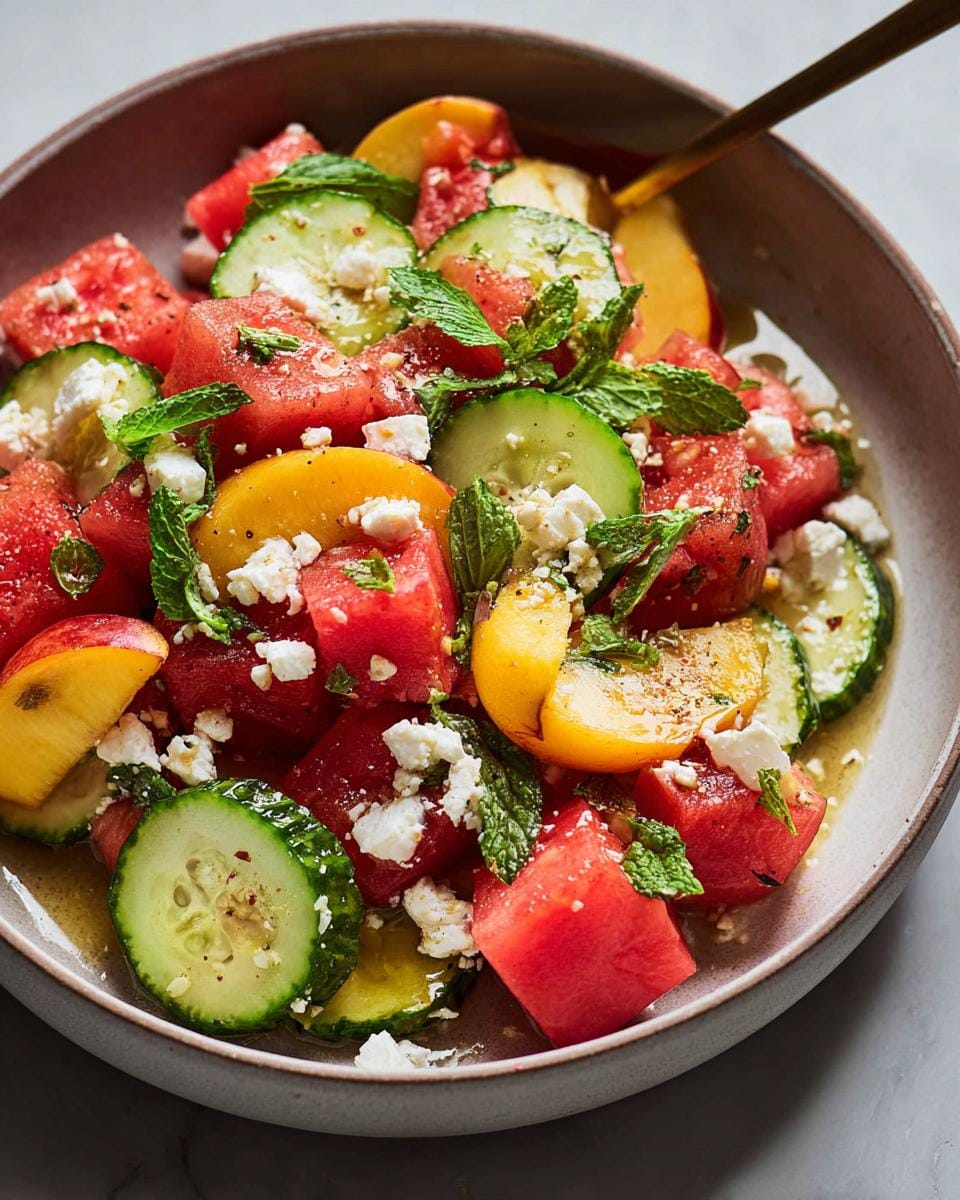 A vibrant Watermelon Peach Salad with Mint and Feta, featuring cubed watermelon, sliced peaches, cucumber, and crumbled feta cheese.