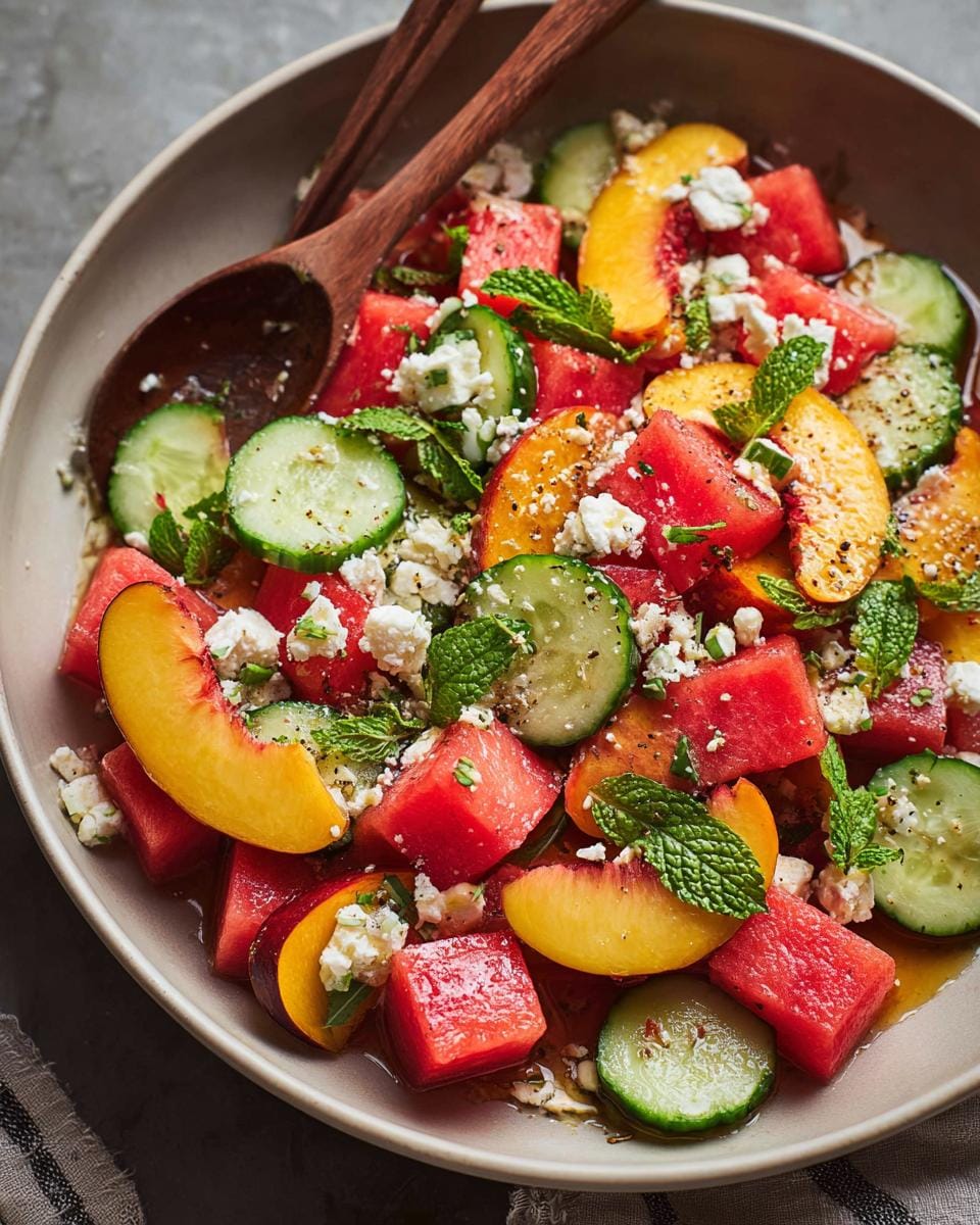 A vibrant Watermelon Peach Salad with Mint and Feta, featuring cubed watermelon, sliced peaches, cucumber rounds, crumbled feta, and fresh mint leaves.