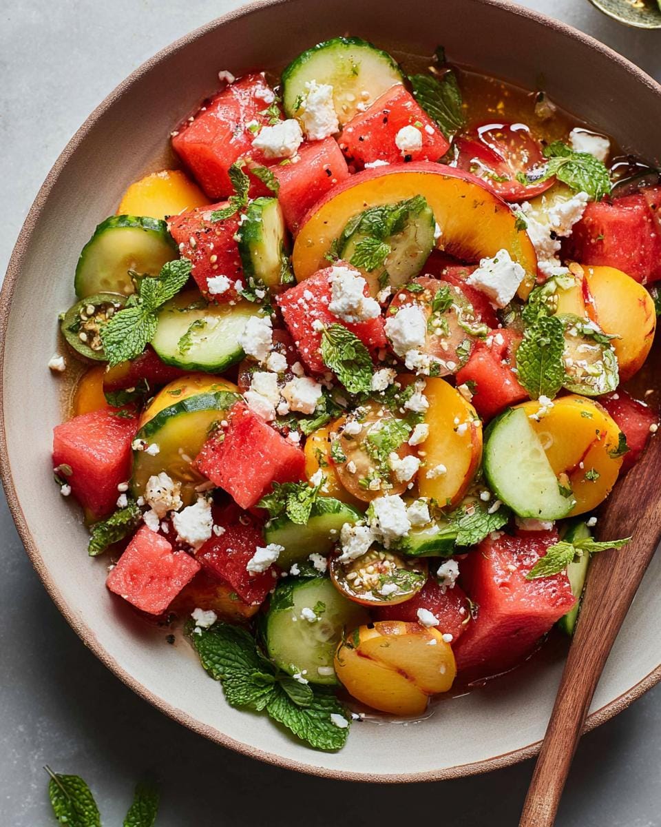 A close-up of a vibrant Watermelon Peach Salad with Mint and Feta, featuring cubed watermelon, sliced peaches, cucumber, and crumbled feta cheese.