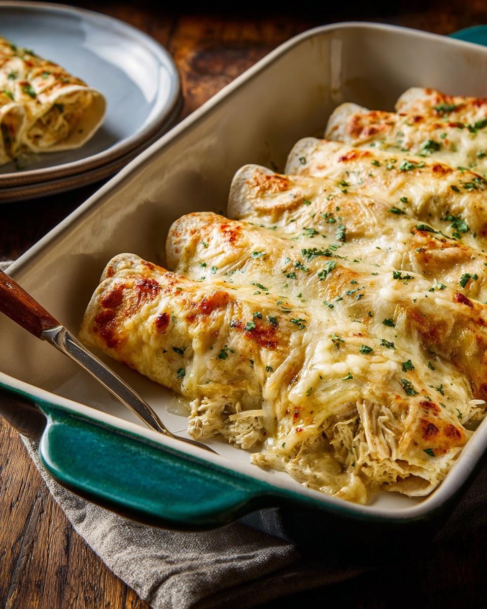 A baking dish filled with golden brown white chicken enchiladas, topped with melted cheese and fresh parsley.