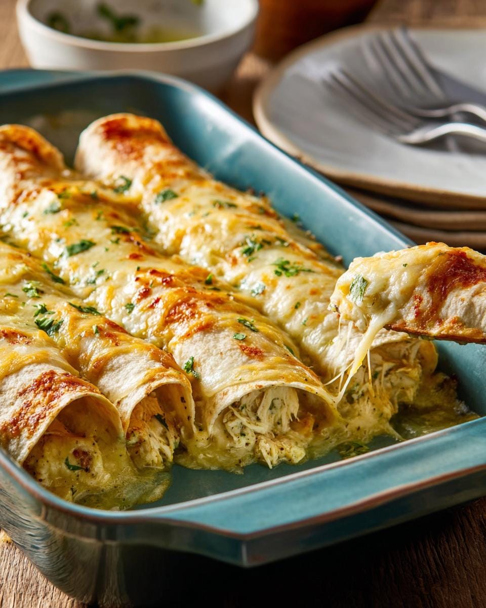 A close-up of cheesy white chicken enchiladas in a baking dish, with one being lifted to show the shredded chicken filling.