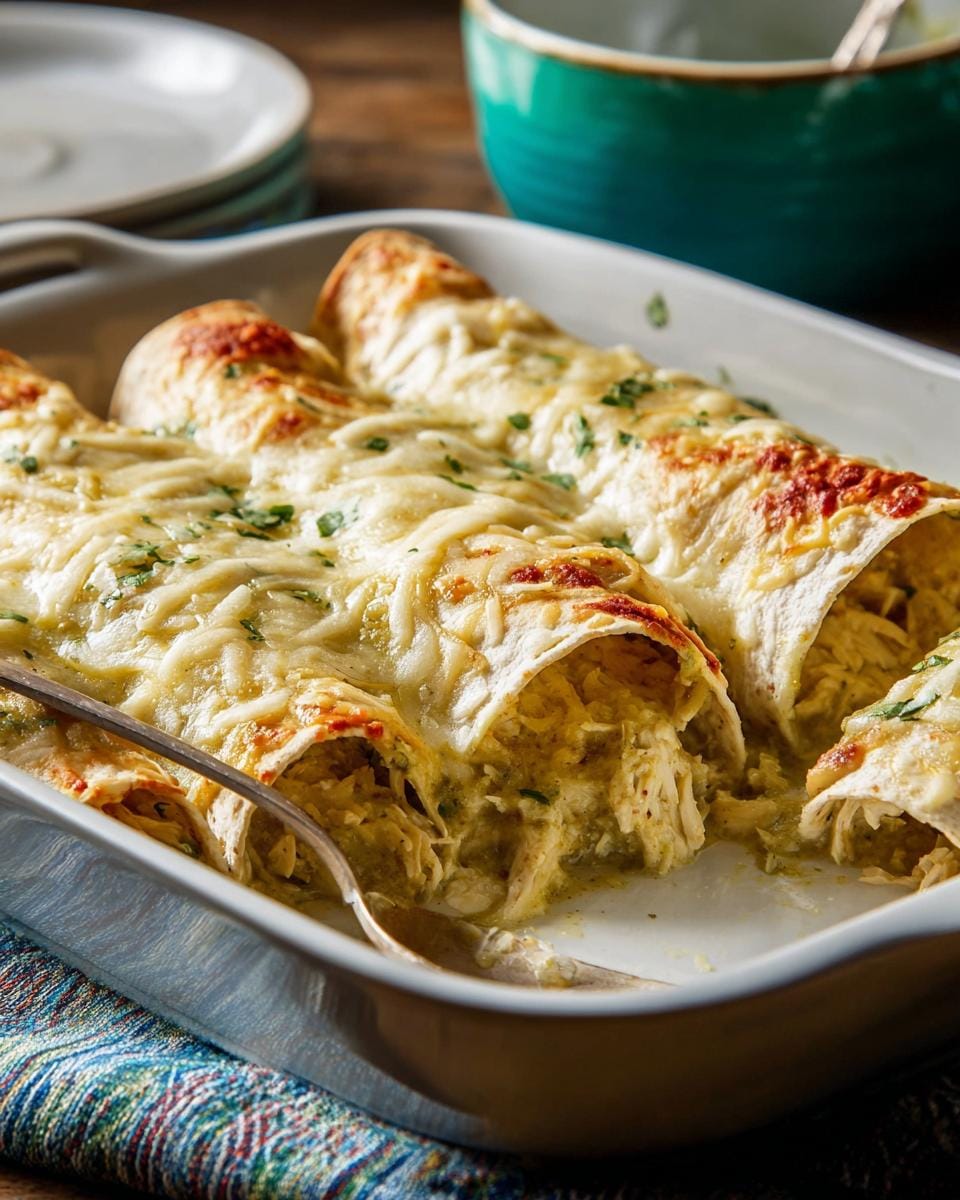 A close-up of baked white chicken enchiladas in a casserole dish, covered in melted cheese and herbs.