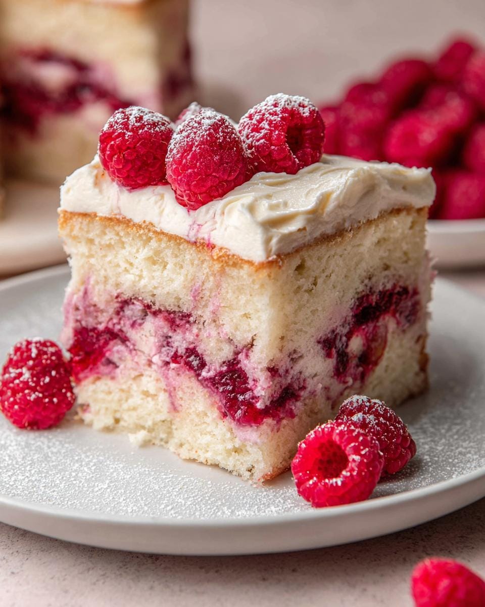 A slice of White Chocolate Raspberry Cake, topped with frosting and fresh raspberries, dusted with powdered sugar.