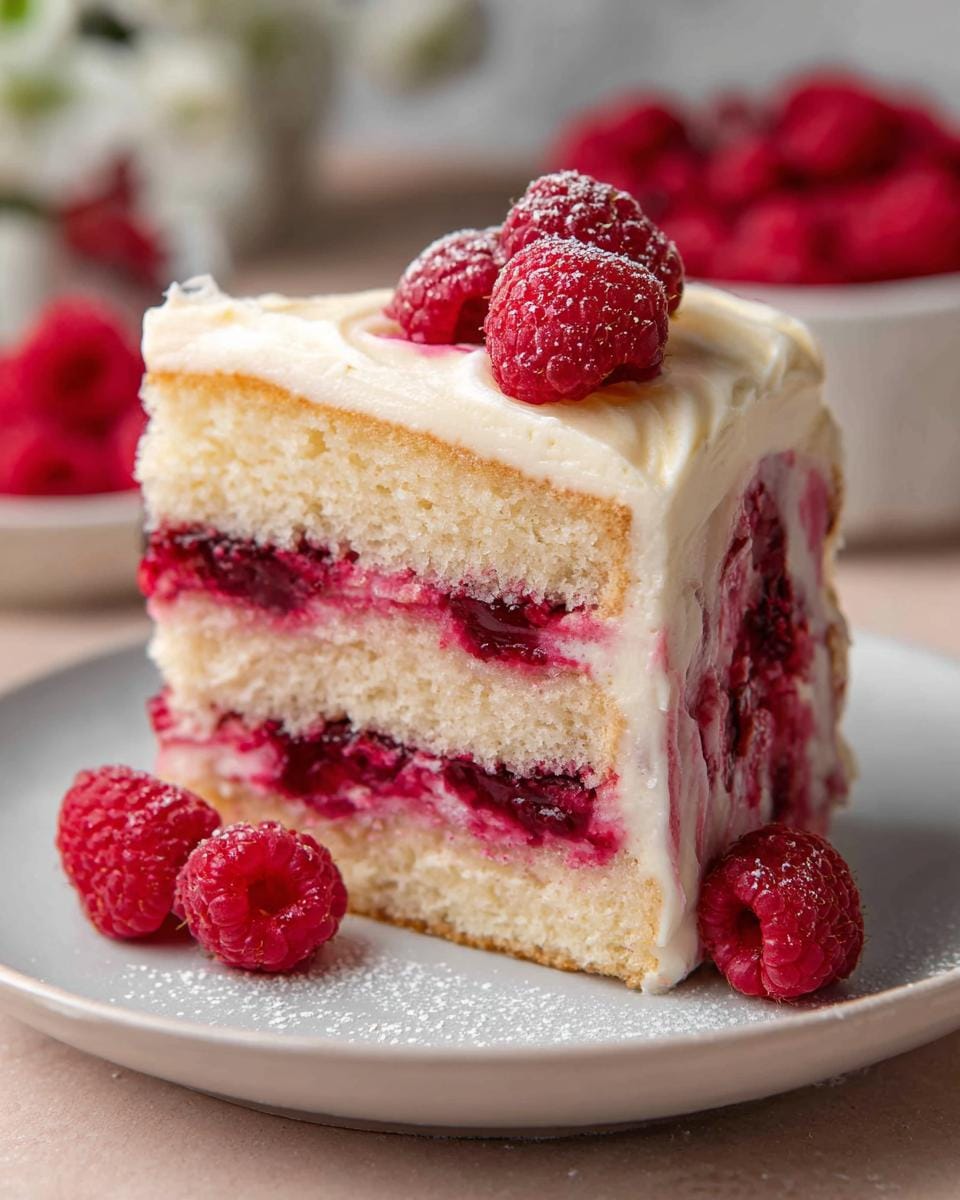 A slice of White Chocolate Raspberry Cake with layers of cake, white frosting, and raspberry filling, topped with fresh raspberries.