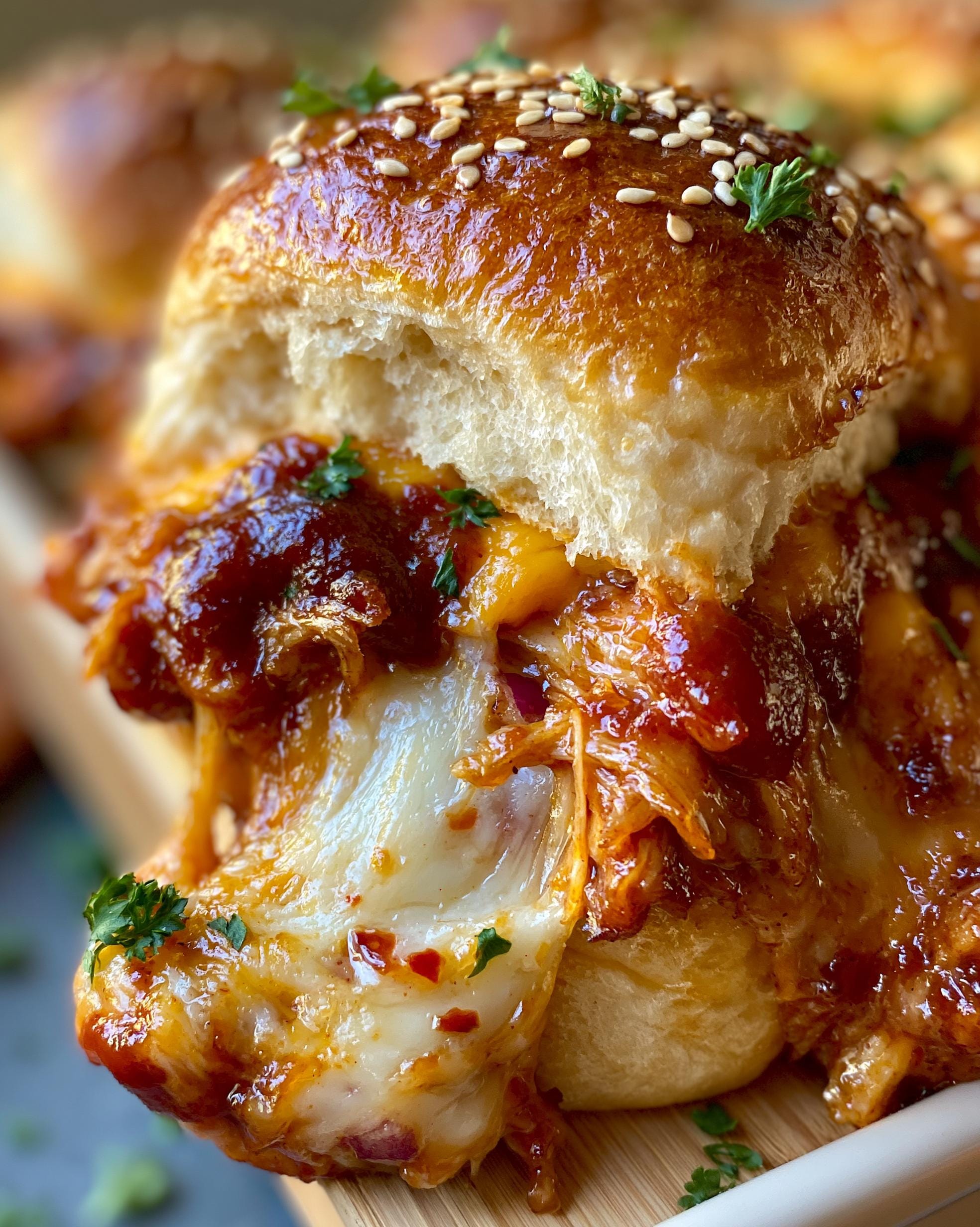 Close-up of a delicious BBQ Chicken Slider with melted cheese and sesame seed bun.