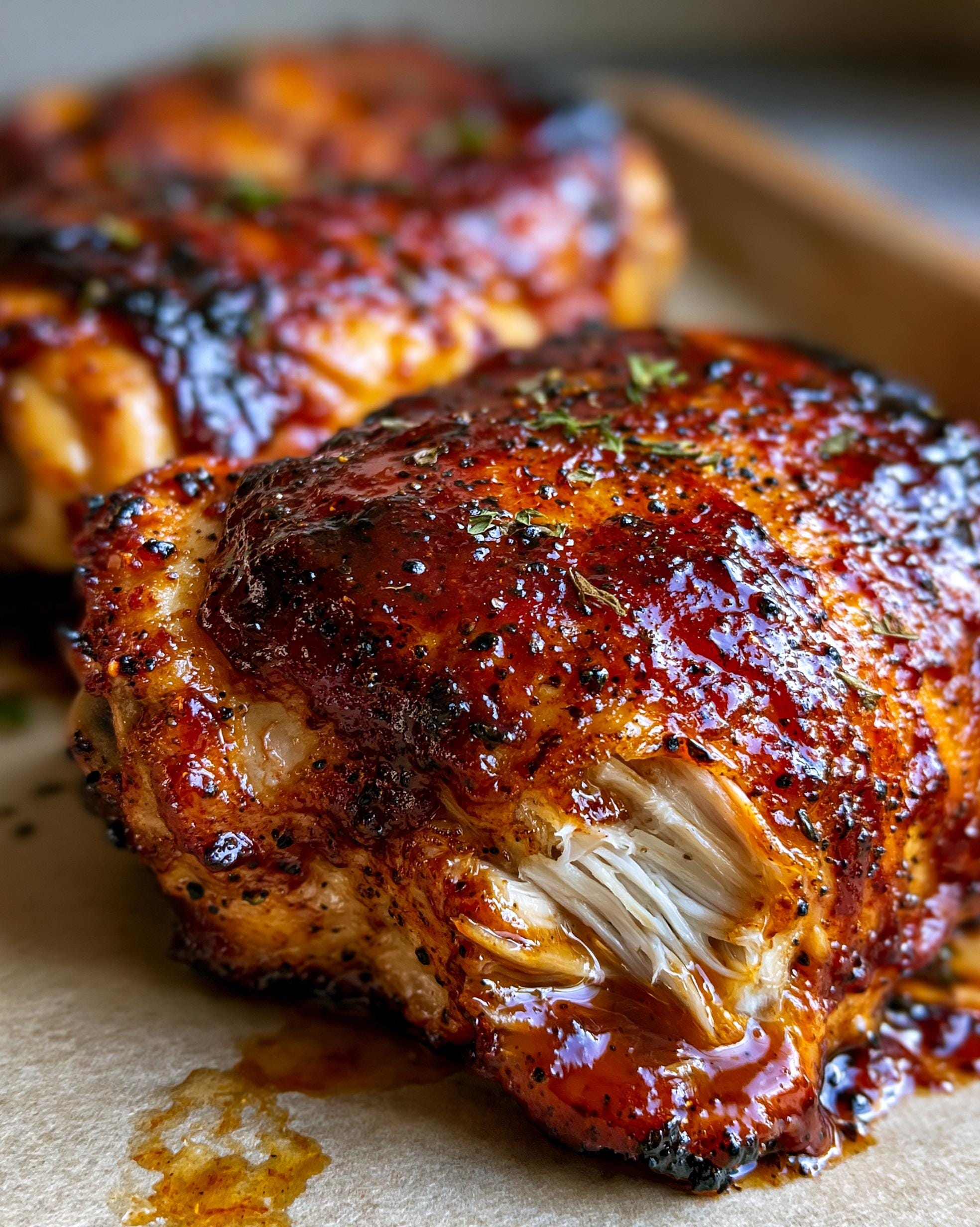 Close-up of tender BBQ chicken thighs with a glistening sticky glaze and herbs.