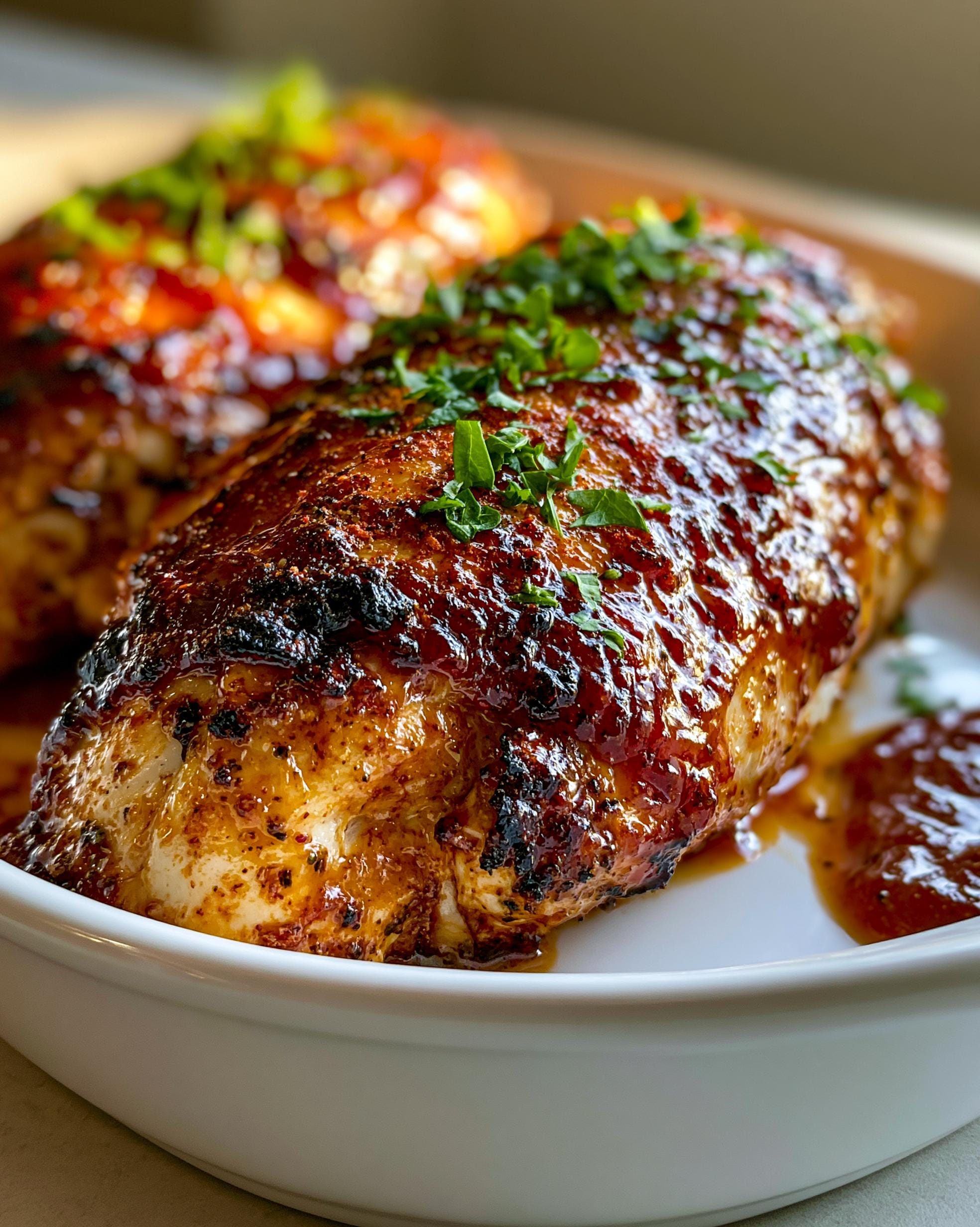 Close-up of a juicy BBQ Ranch Chicken breast, glazed with sauce and sprinkled with fresh parsley.