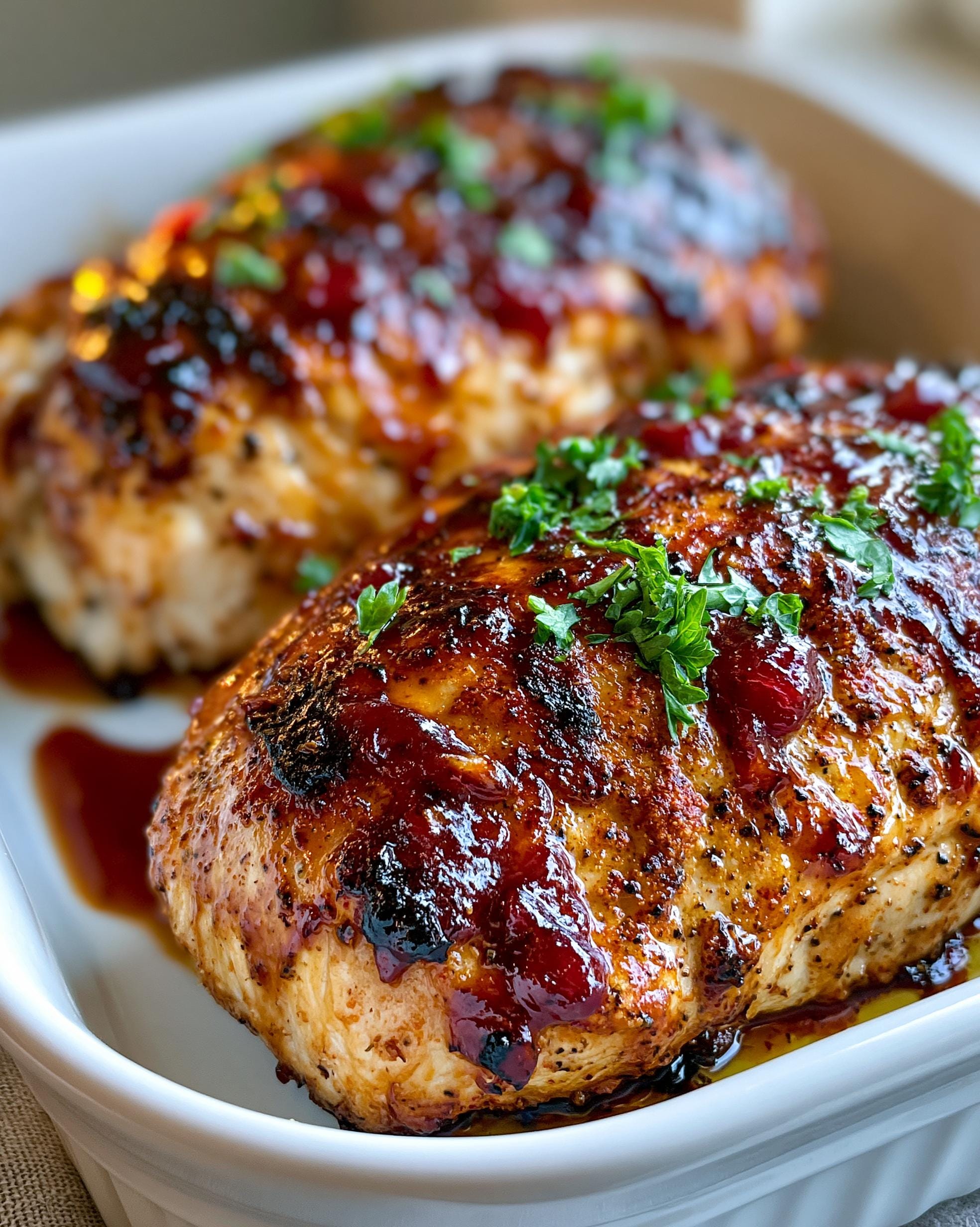 Close-up of two juicy BBQ Ranch Chicken breasts in a white dish, glazed with sauce and sprinkled with parsley.