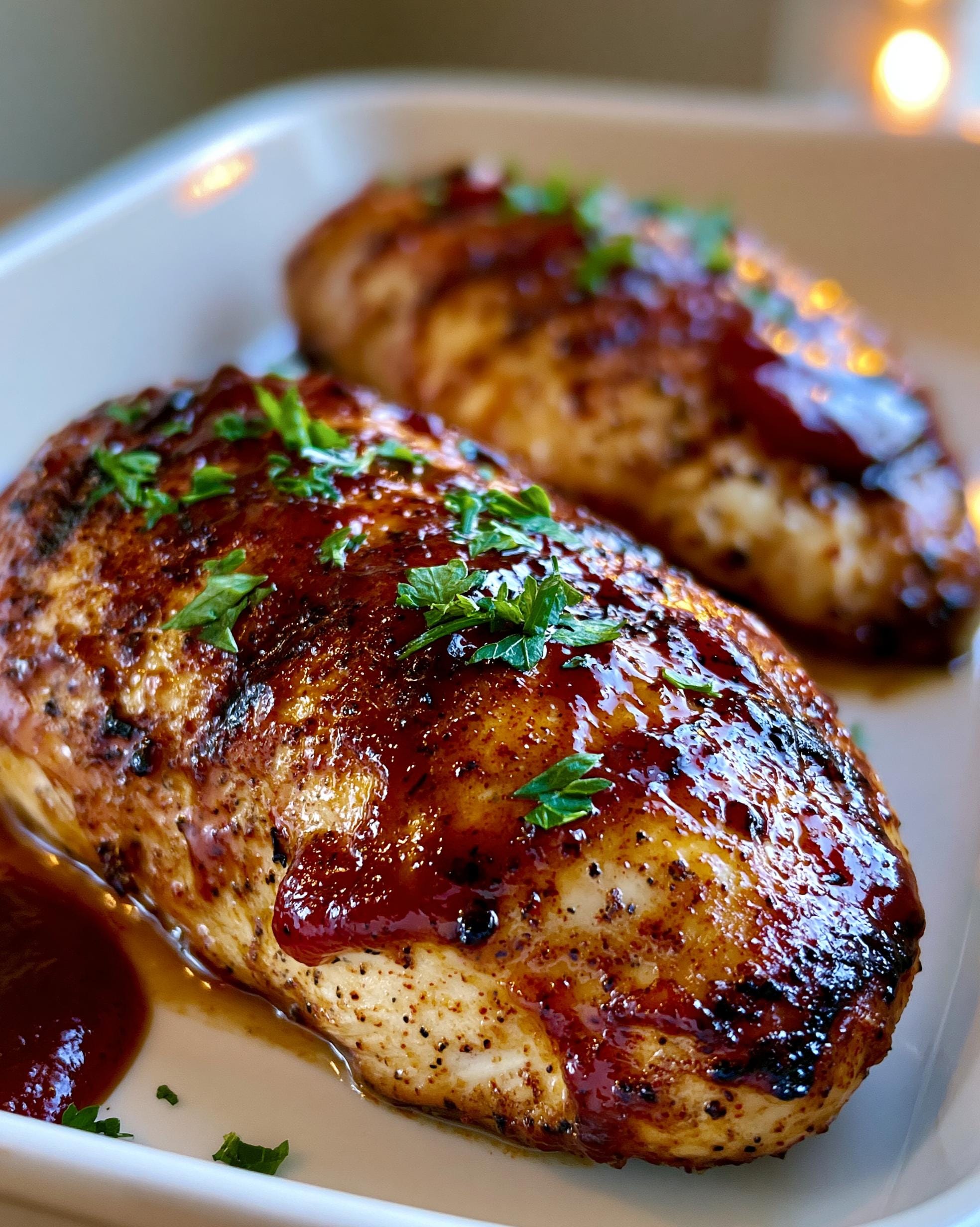 Two juicy BBQ Ranch Chicken breasts glazed with sauce and garnished with fresh parsley, served in a white dish.