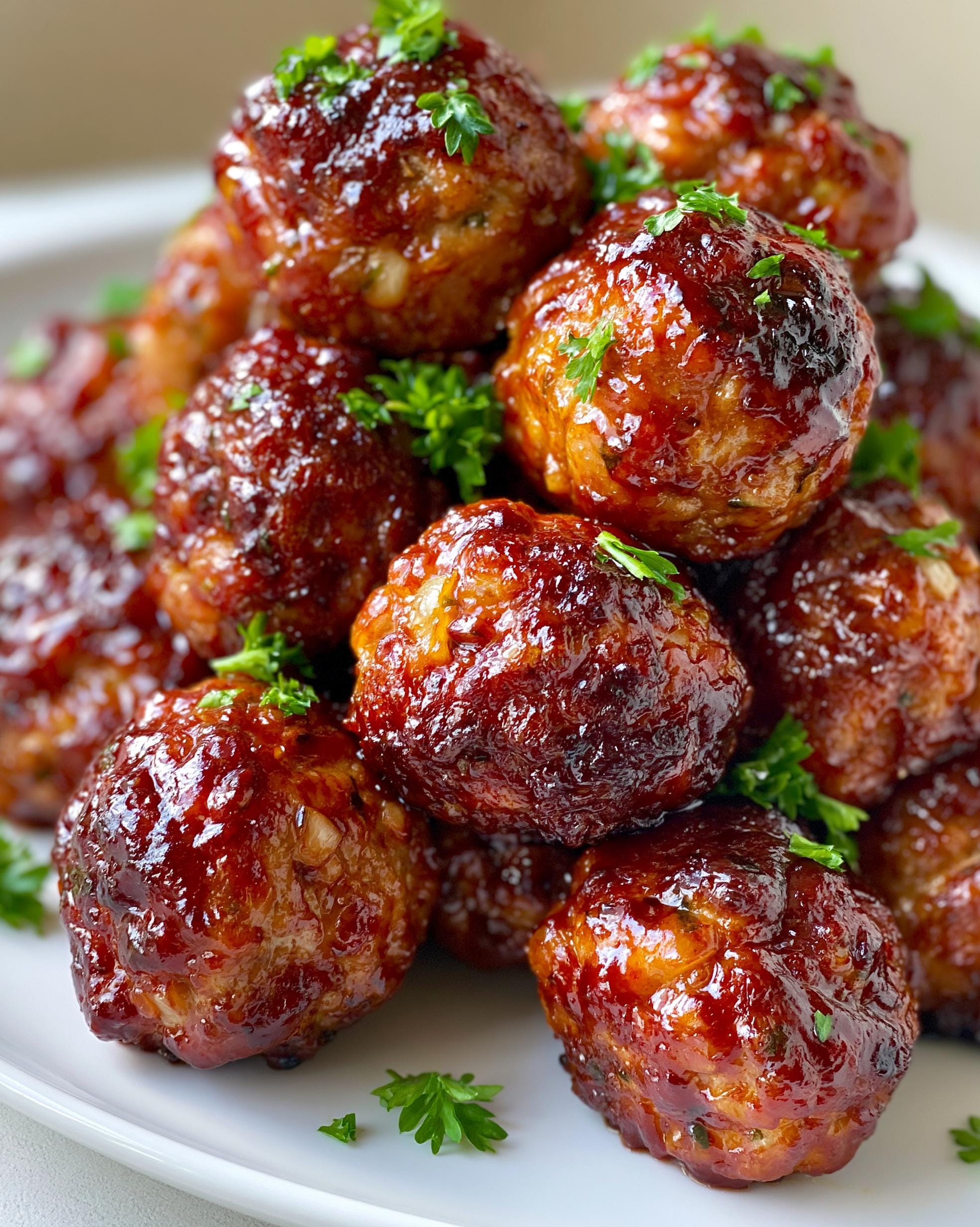 Close-up of a pile of glossy BBQ Turkey Meatballs, garnished with fresh parsley.