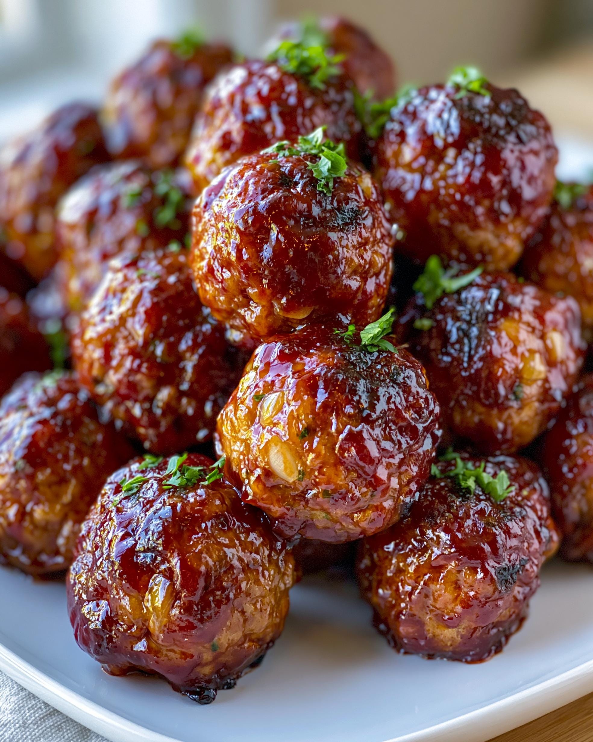 Close-up of a pile of glossy BBQ Turkey Meatballs, garnished with fresh parsley.