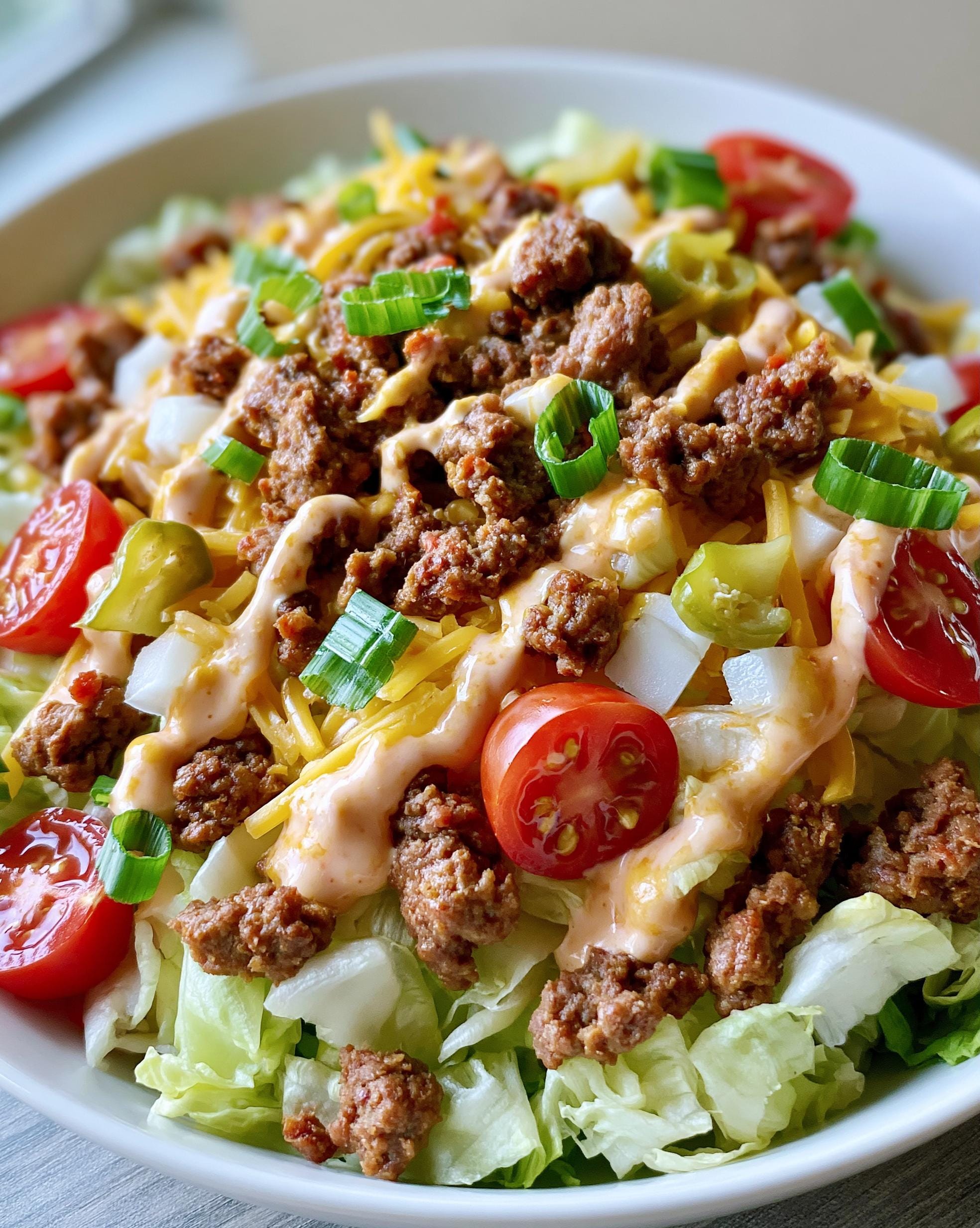 A close-up of a Big Mac Bowl featuring lettuce, seasoned ground beef, shredded cheese, tomatoes, onions, and a creamy dressing.