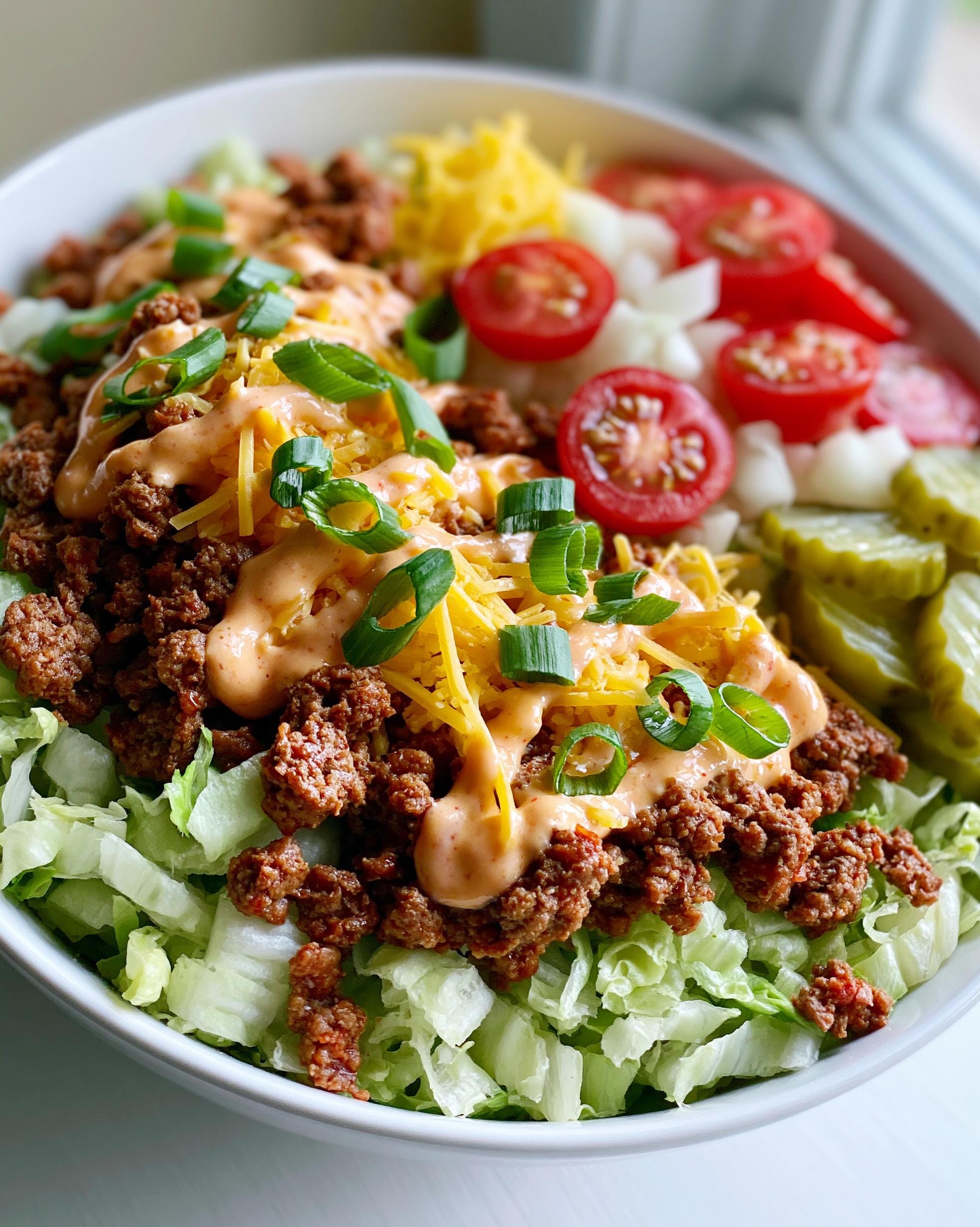 A close-up of a Big Mac Bowl featuring seasoned ground beef, shredded lettuce, tomatoes, onions, pickles, cheese, and a drizzle of special sauce.