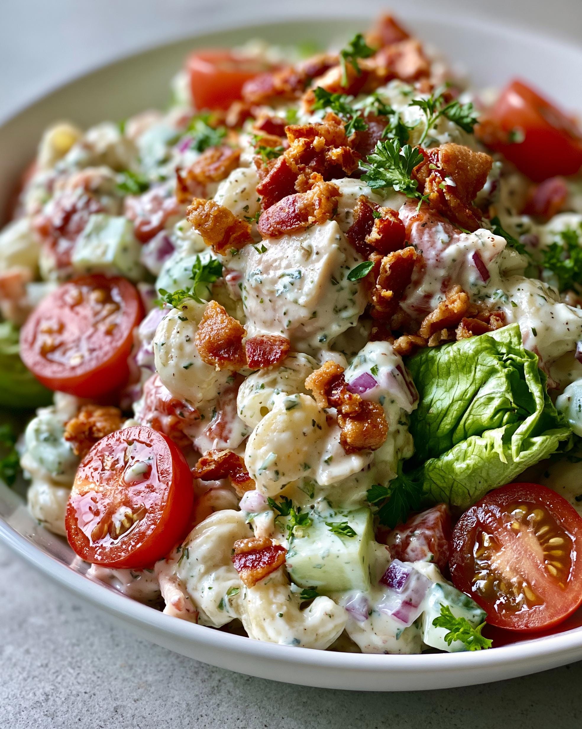 A close-up of BLT Protein Pasta Salad featuring pasta, chicken, bacon, tomatoes, cucumber, red onion, and lettuce in a creamy dressing.