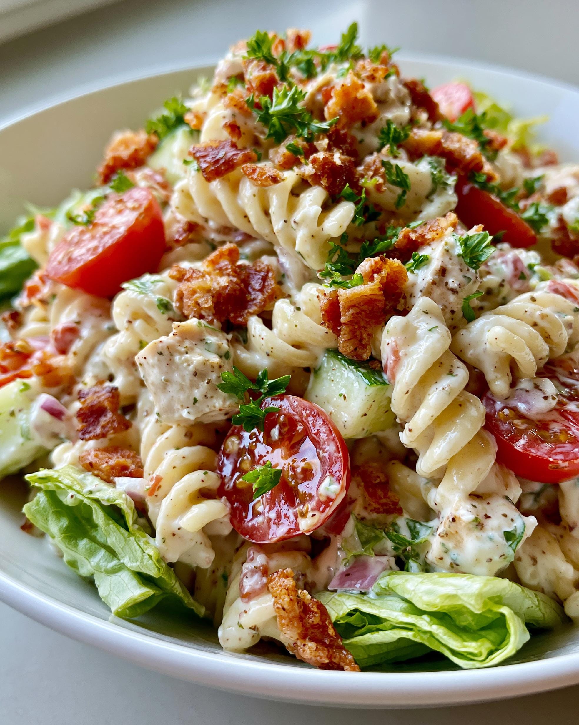 A close-up of a creamy BLT Protein Pasta Salad featuring rotini pasta, chicken, bacon, cherry tomatoes, cucumber, and lettuce.