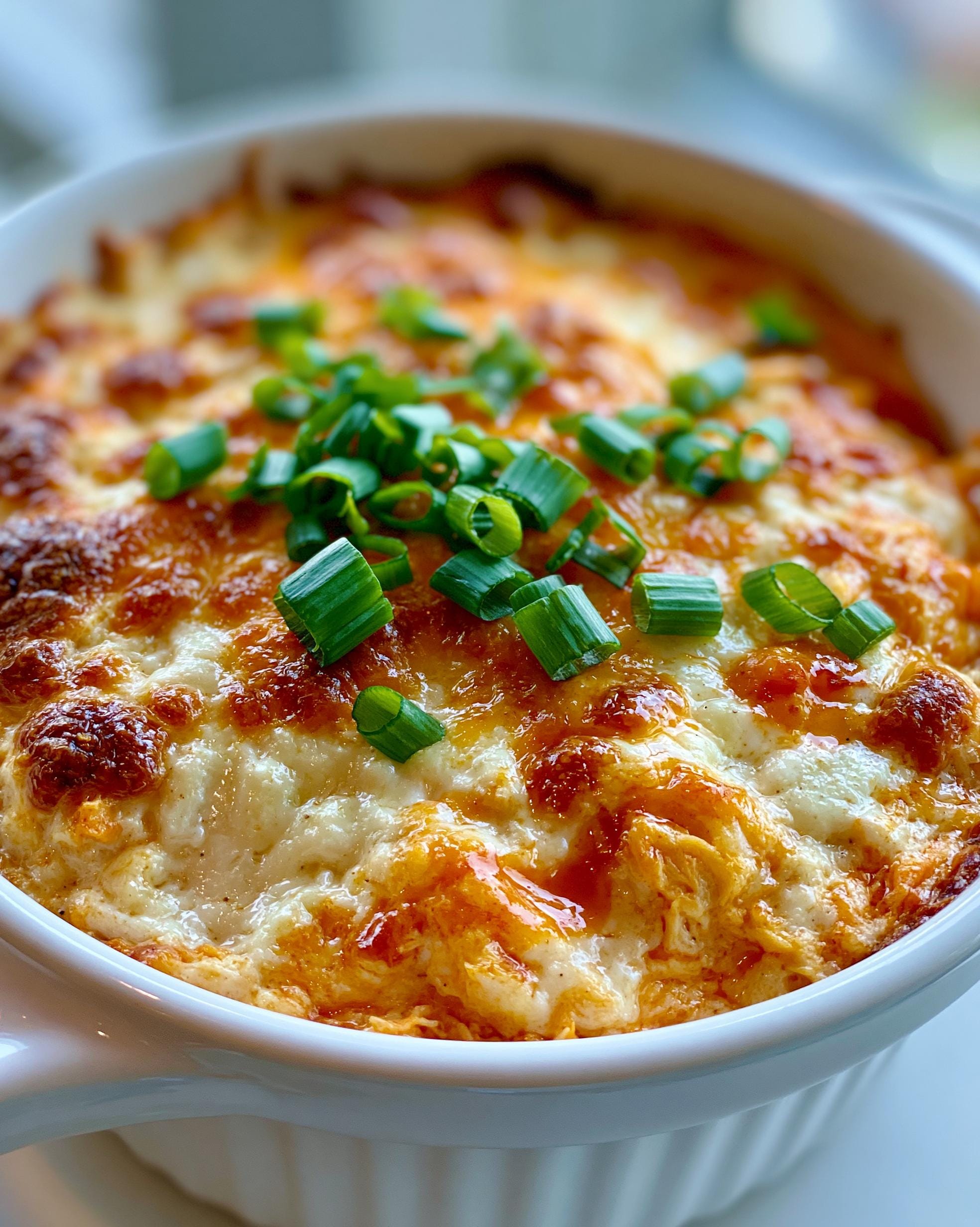 Close-up of a bubbly, cheesy Buffalo Chicken Dip topped with fresh green scallions in a white baking dish.