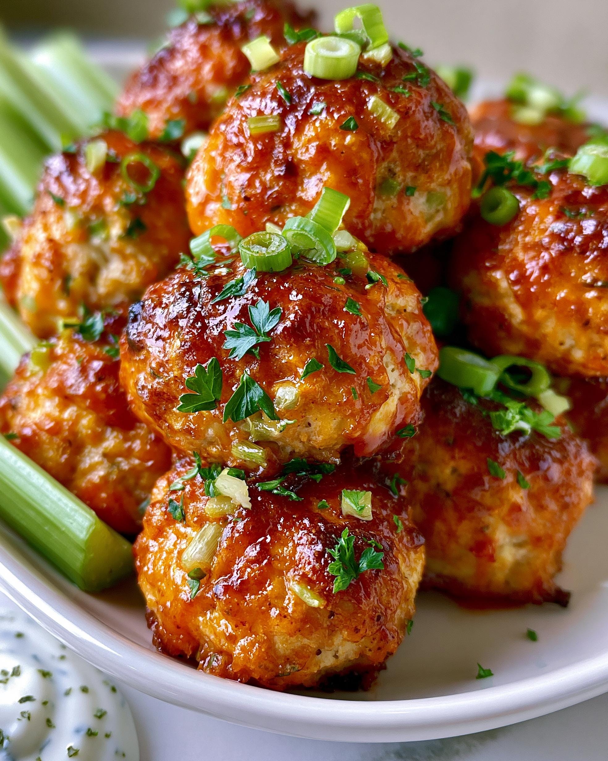 A close-up of a pile of juicy Buffalo Chicken Meatballs, glazed and topped with chopped green onions and parsley, served with celery sticks.