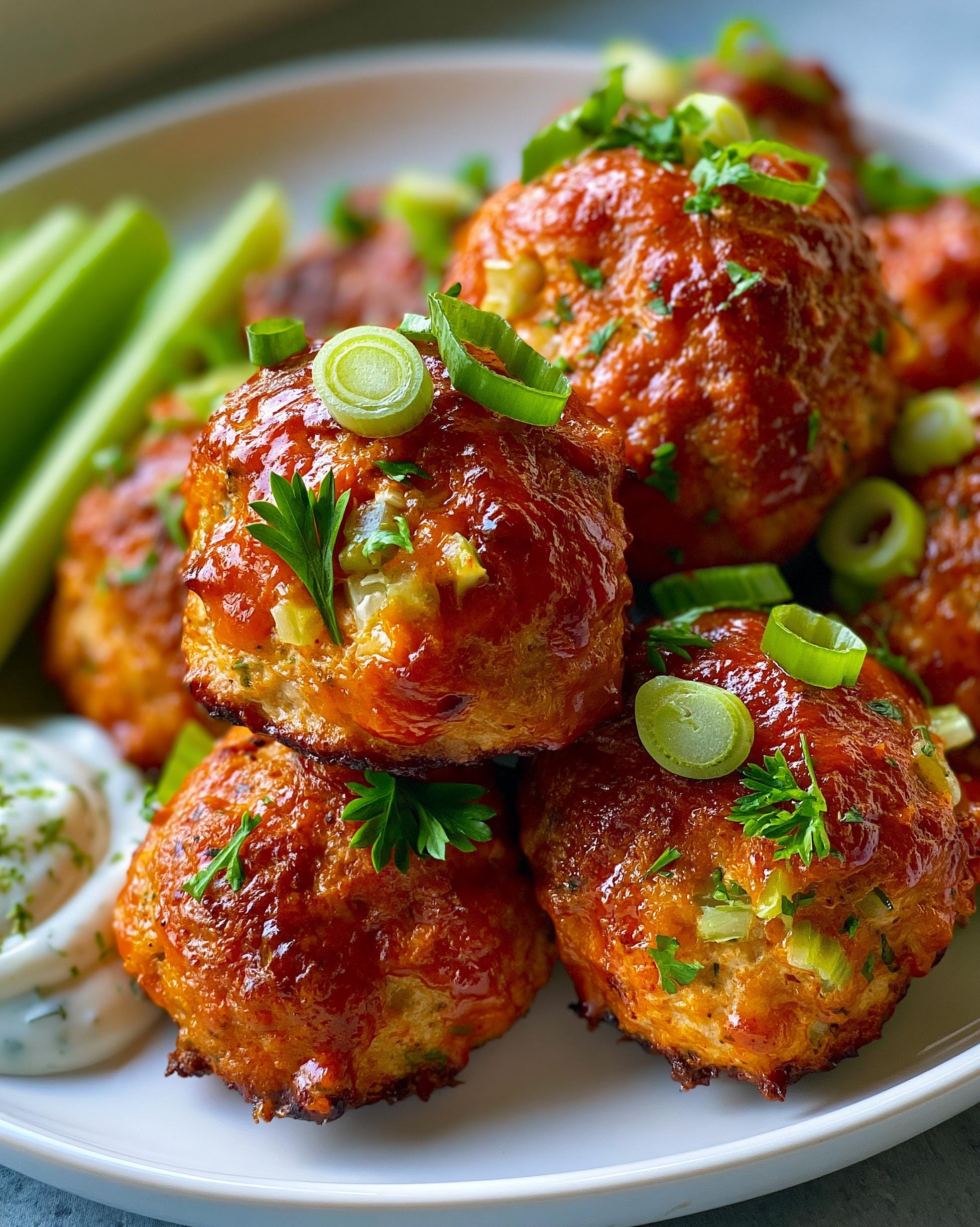 Close-up of a stack of juicy Buffalo Chicken Meatballs glazed in sauce, garnished with green onions and parsley, served with celery sticks and dip.