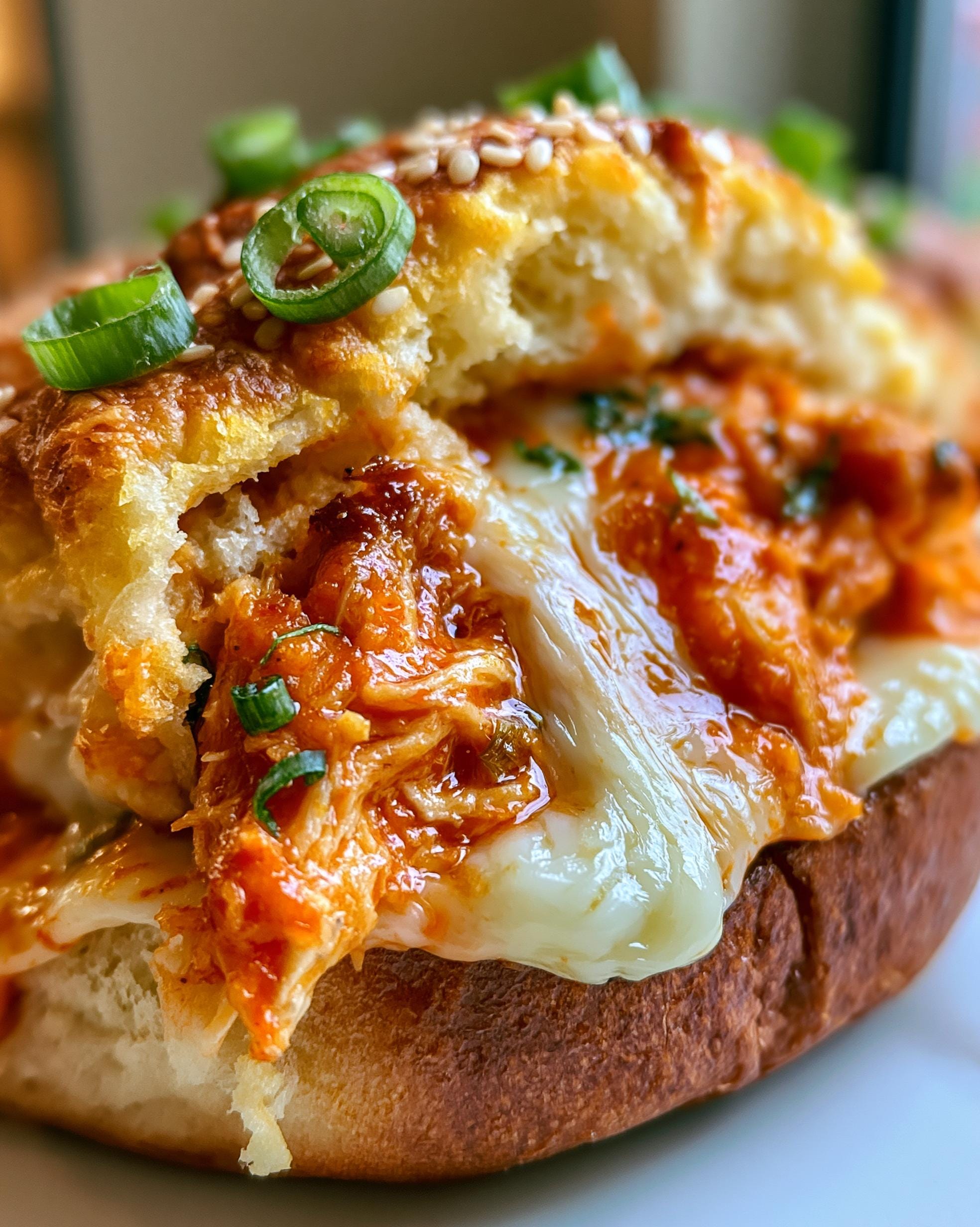 Close-up of a Buffalo Chicken Slider, showing shredded chicken in buffalo sauce, melted cheese, and green onions on a bun.