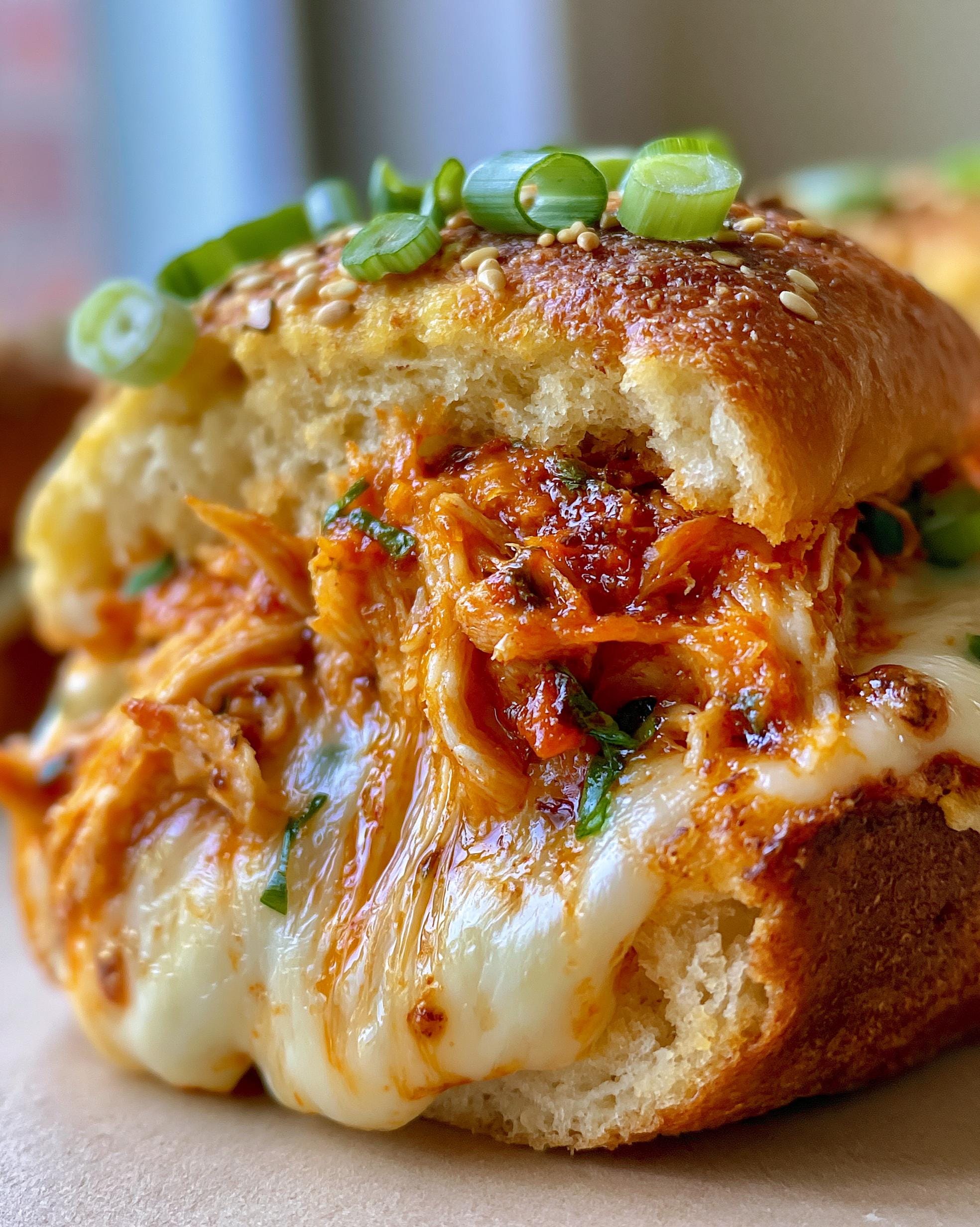 Close-up of a Buffalo Chicken Slider with melted cheese, shredded chicken, and green onions on a sesame seed bun.