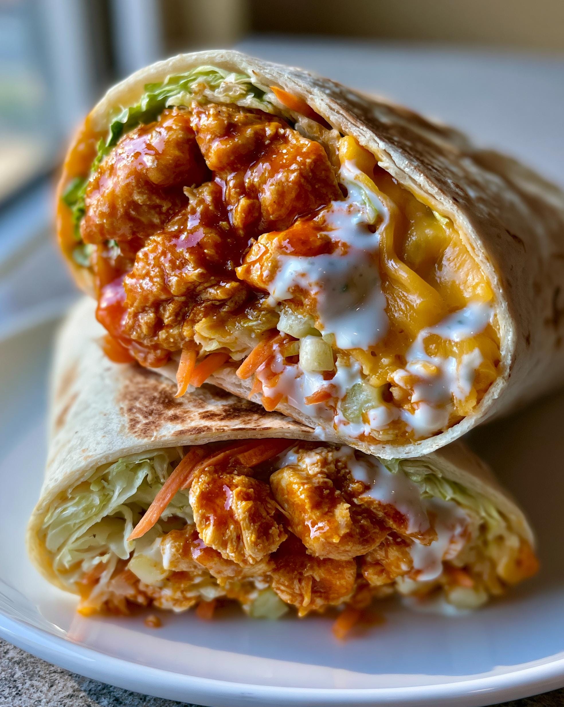 Close-up of a cut Buffalo Chicken Wrap filled with shredded lettuce, carrots, cheese, and creamy dressing.