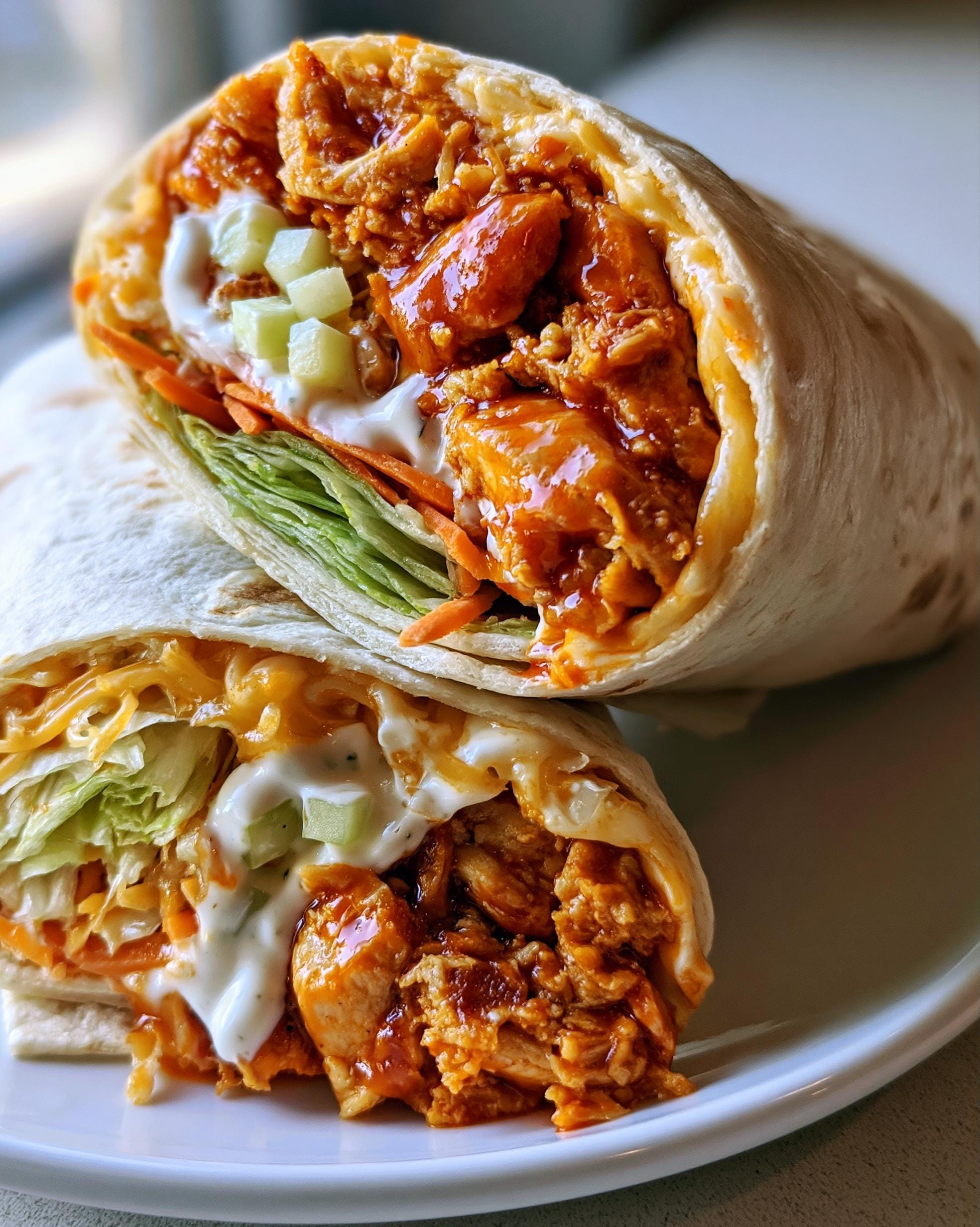 Close-up of a Buffalo Chicken Wrap cut in half, showing tender chicken coated in buffalo sauce, shredded lettuce, carrots, cheese, and creamy dressing.