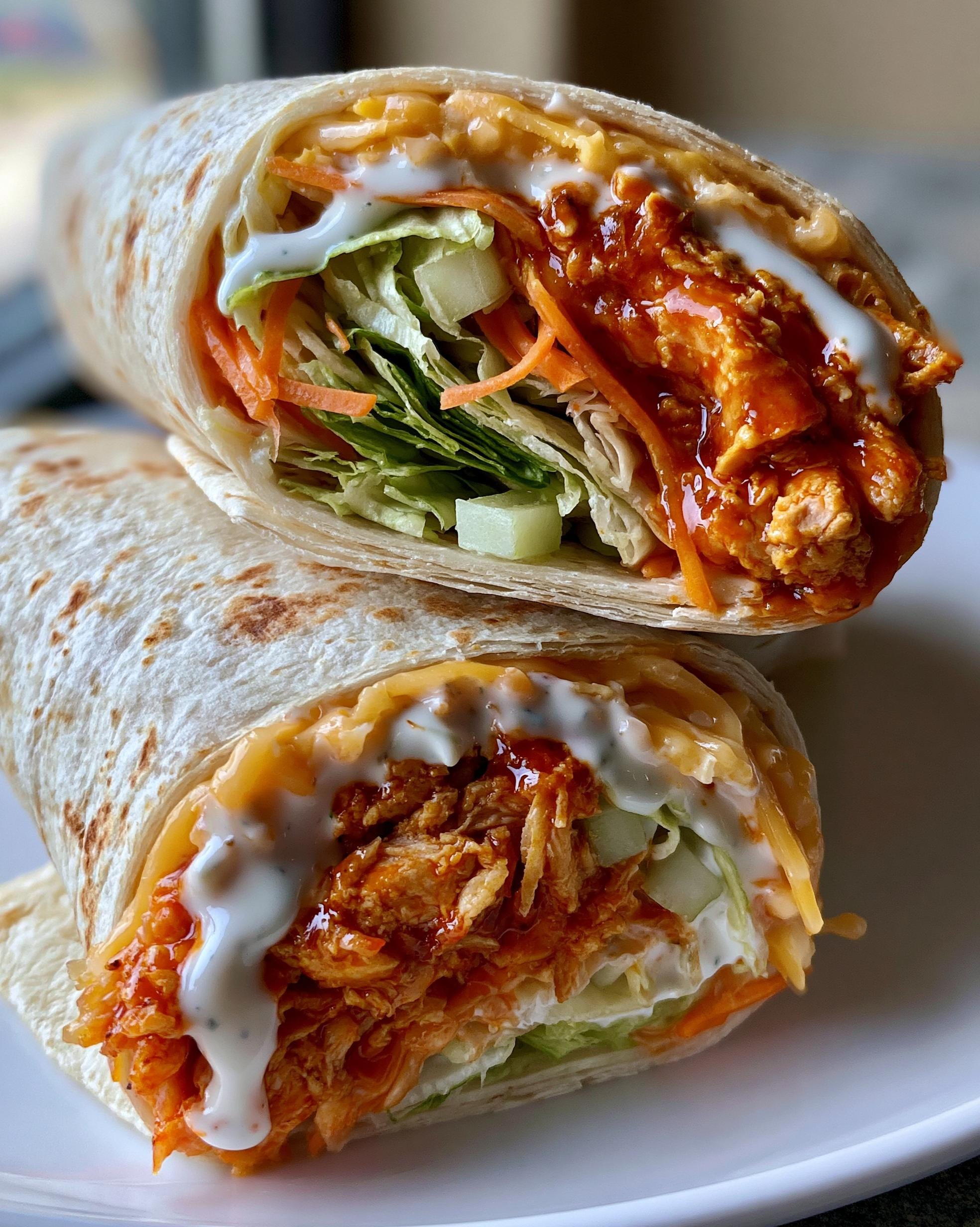 Close-up of a Buffalo Chicken Wrap cut in half, showing shredded chicken in buffalo sauce, shredded cheese, lettuce, carrots, and ranch dressing.