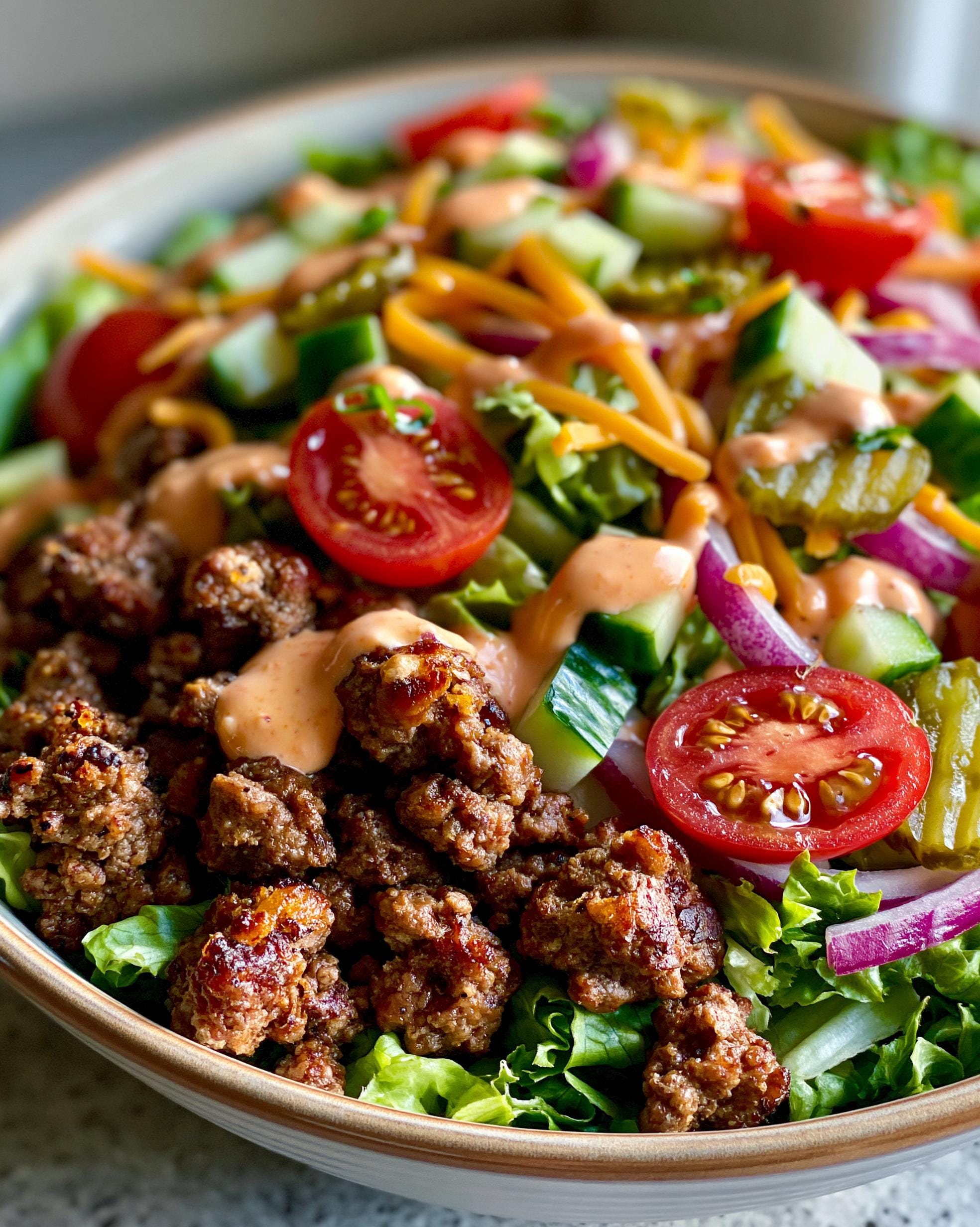 A close-up of a Burger Salad Bowl featuring seasoned ground beef, lettuce, tomatoes, cucumbers, red onion, pickles, and cheese with a creamy dressing.