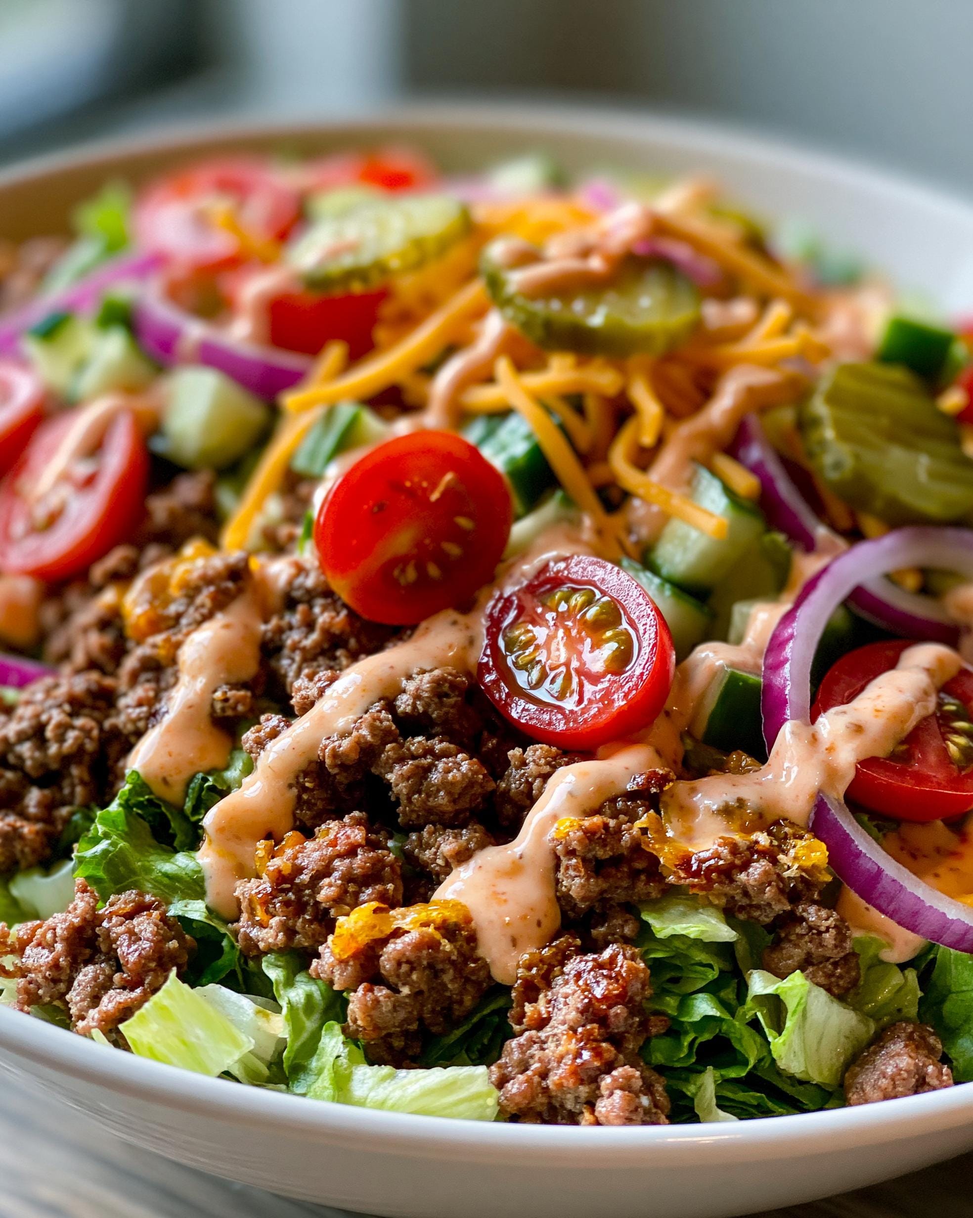 A close-up of a Burger Salad Bowl filled with seasoned ground beef, lettuce, tomatoes, pickles, red onion, and shredded cheese, drizzled with dressing.