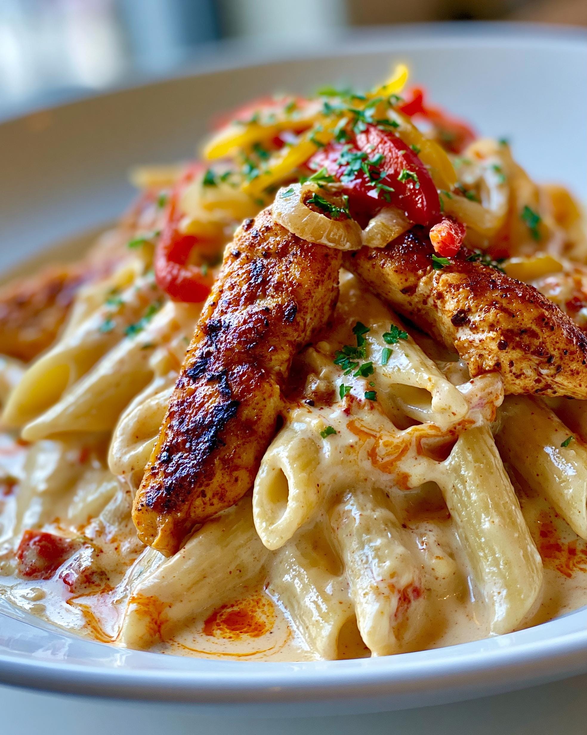 A close-up of creamy Cajun Chicken Pasta with penne noodles, grilled chicken strips, and sautéed bell peppers, garnished with parsley.
