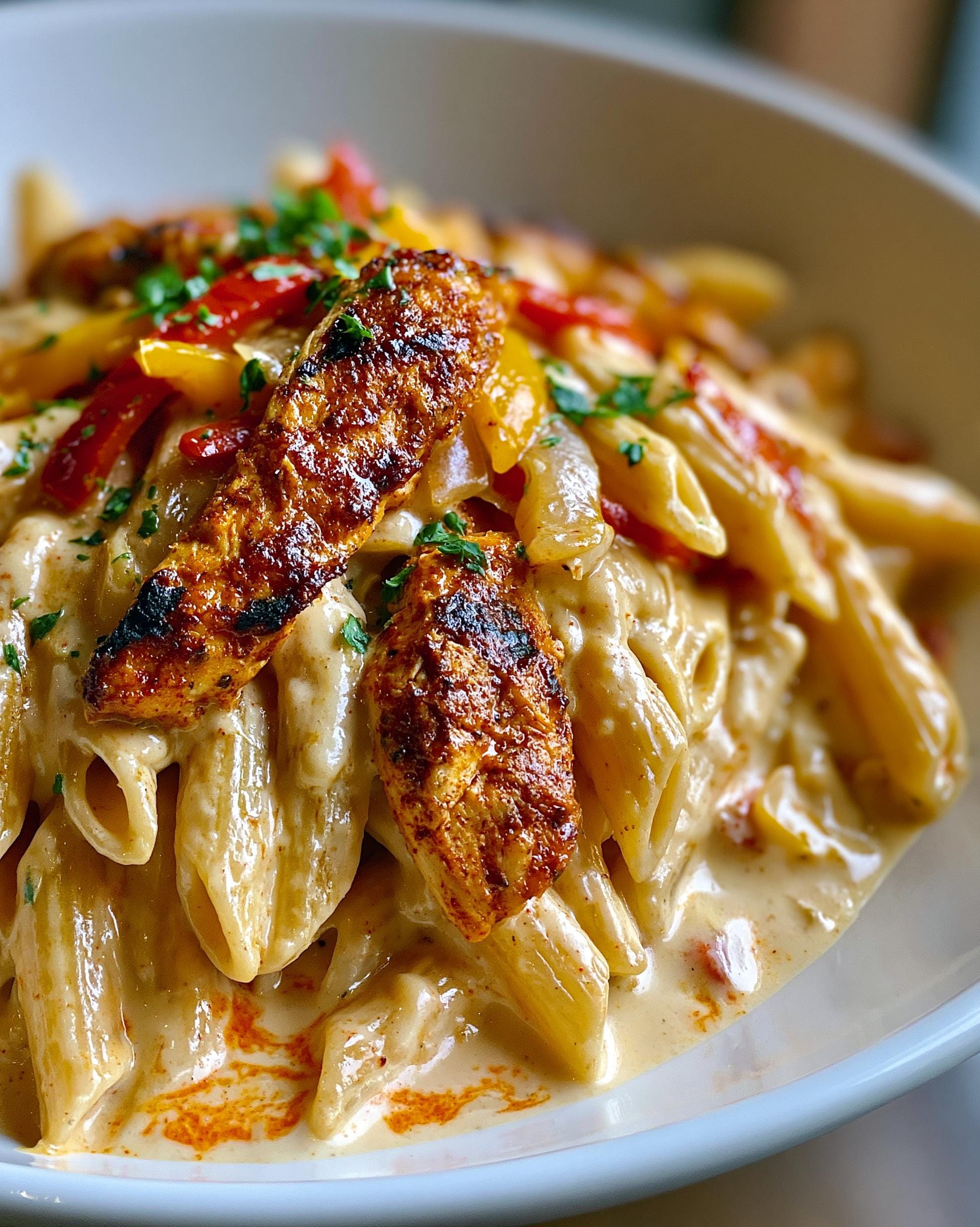 A close-up of delicious Cajun Chicken Pasta featuring penne pasta in a rich, creamy sauce with grilled chicken pieces and bell peppers.