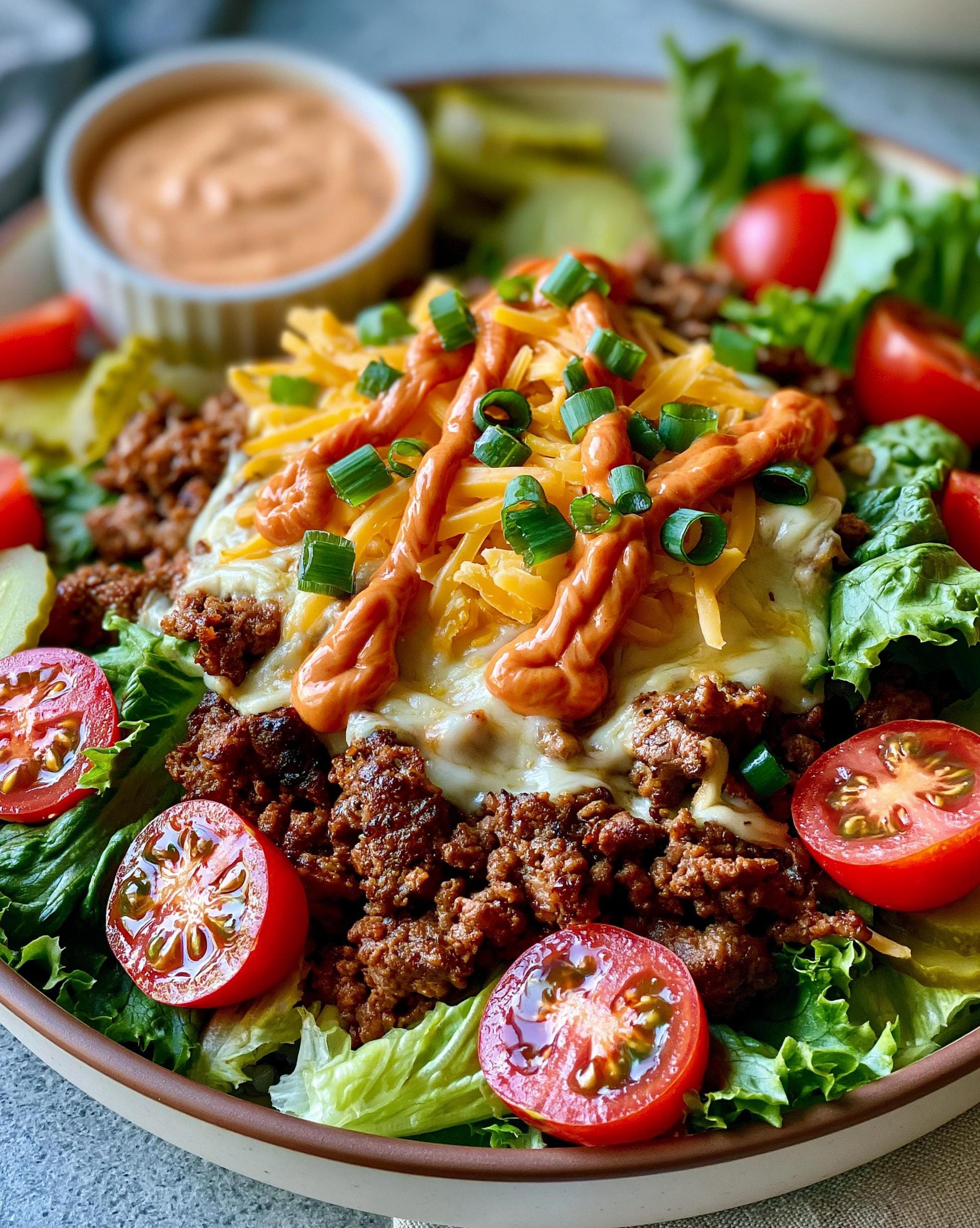 A close-up of a delicious Cheeseburger Bowl featuring seasoned ground beef, melted cheese, fresh lettuce, tomatoes, pickles, and a drizzle of sauce.