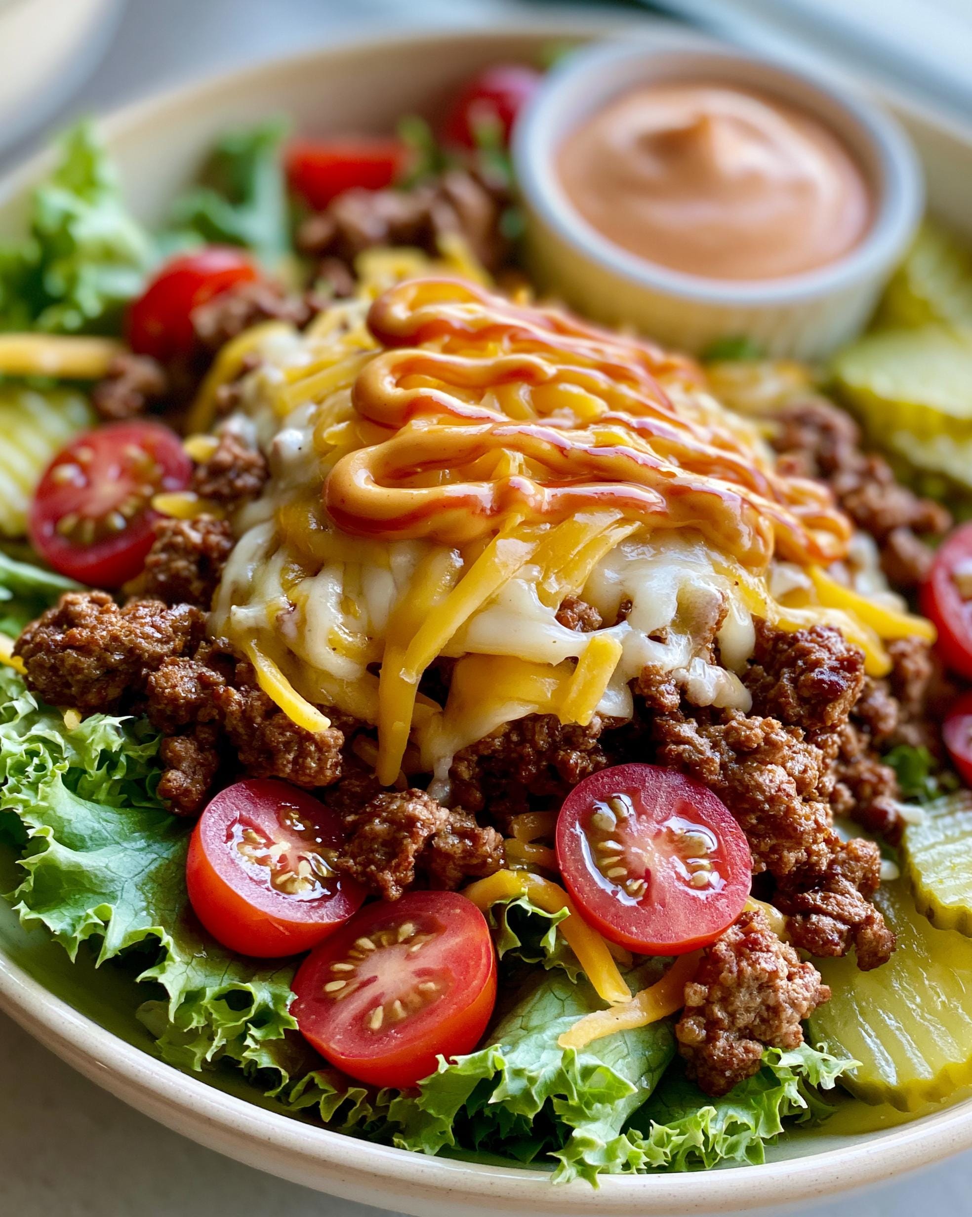 A delicious Cheeseburger Bowl featuring seasoned ground beef, melted cheese, fresh lettuce, cherry tomatoes, pickles, and a drizzle of sauce.