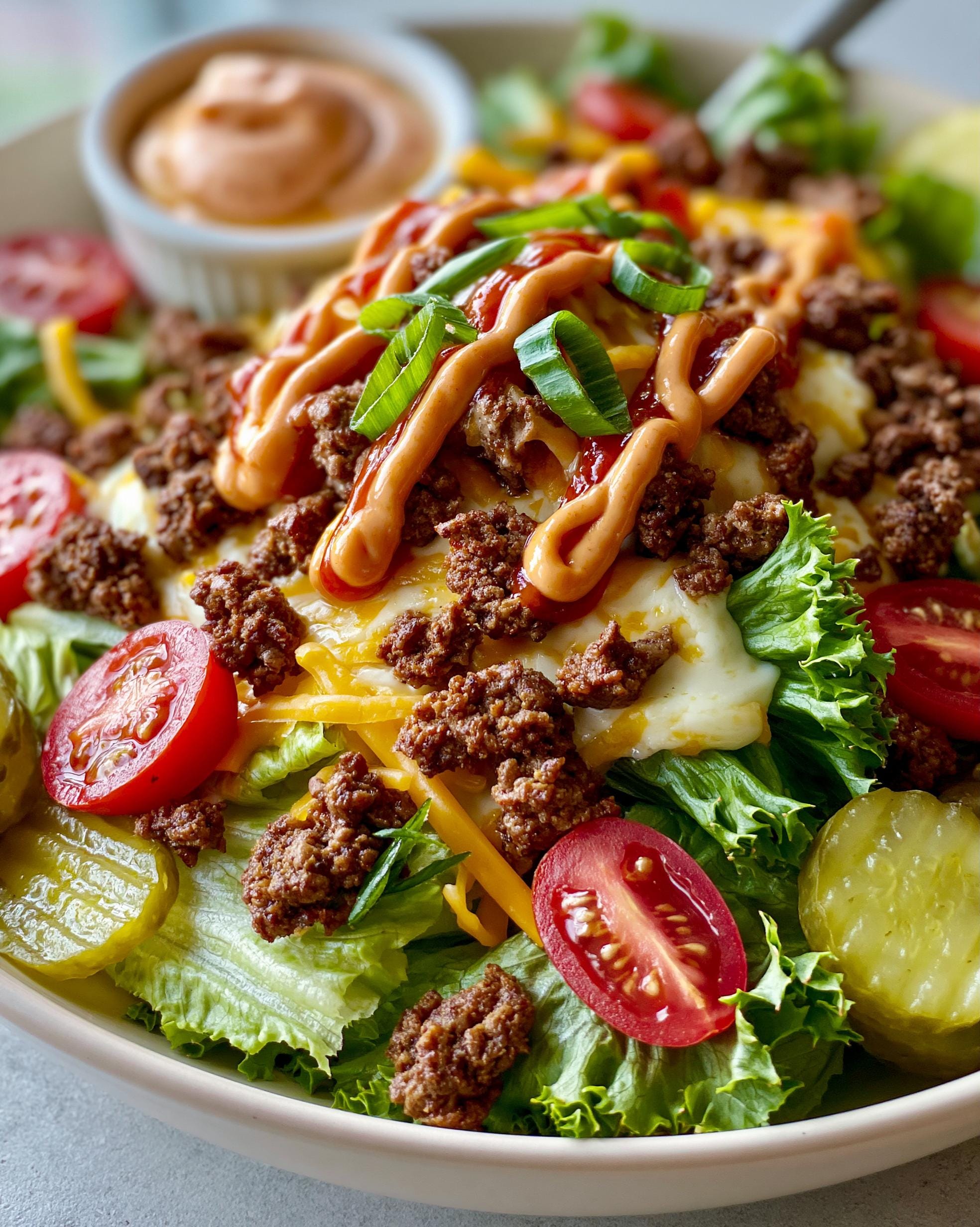 A close-up of a vibrant Cheeseburger Bowl featuring seasoned ground beef, melted cheese, lettuce, tomatoes, pickles, and a drizzle of sauce.