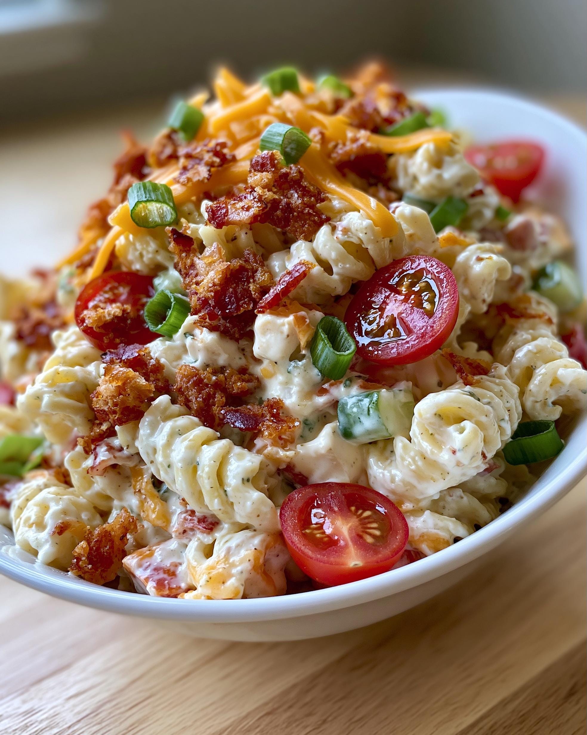 A close-up of Chicken Bacon Ranch Pasta Salad in a white bowl, topped with crumbled bacon, shredded cheese, and cherry tomatoes.