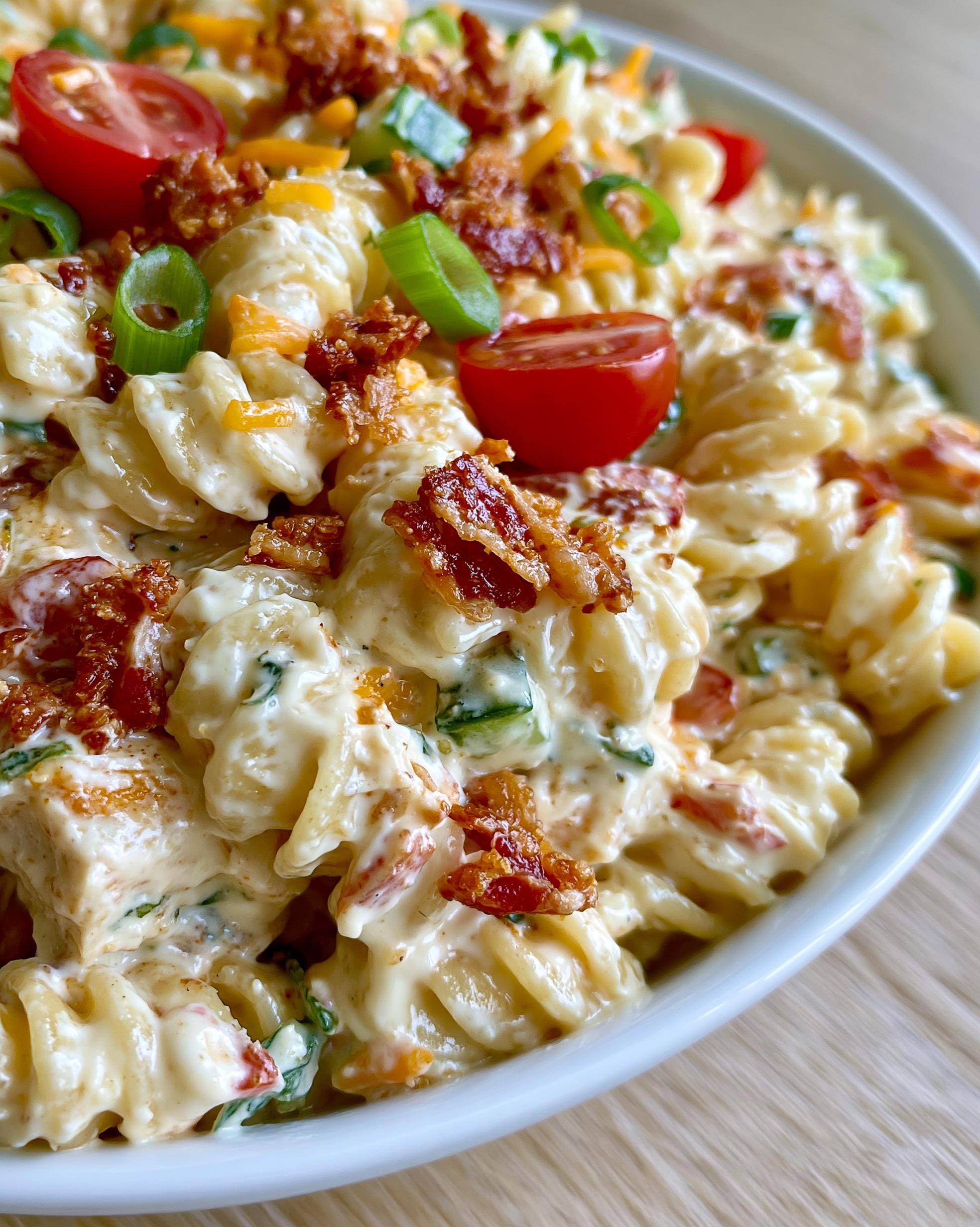 A close-up of a bowl filled with creamy Chicken Bacon Ranch Pasta Salad, topped with crumbled bacon, cherry tomatoes, and green onions.