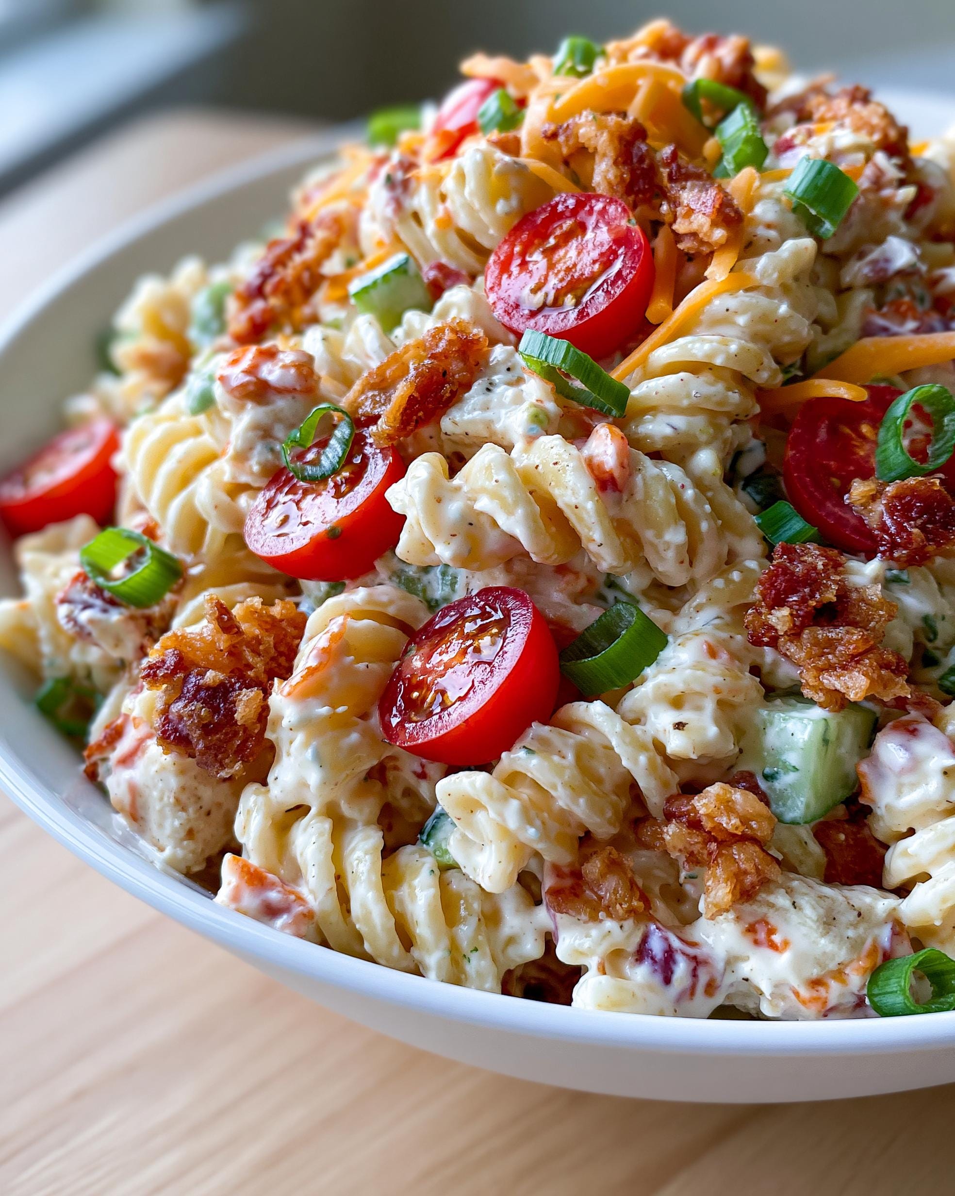 A close-up of a bowl filled with Chicken Bacon Ranch Pasta Salad, featuring rotini pasta, cherry tomatoes, bacon bits, and green onions.