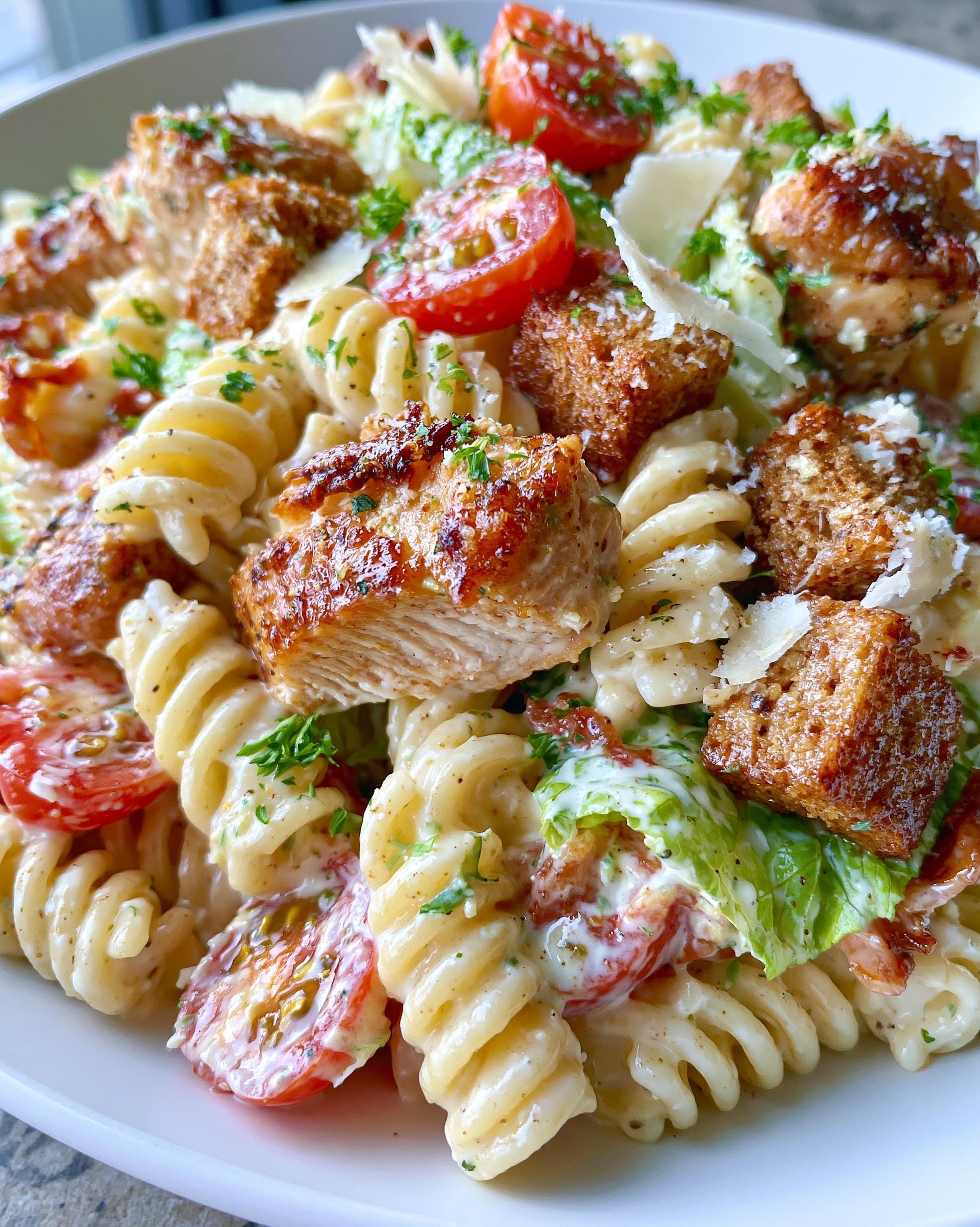 A close-up of a bowl of Chicken Caesar Pasta Salad with fusilli pasta, grilled chicken, cherry tomatoes, croutons, and parmesan cheese.