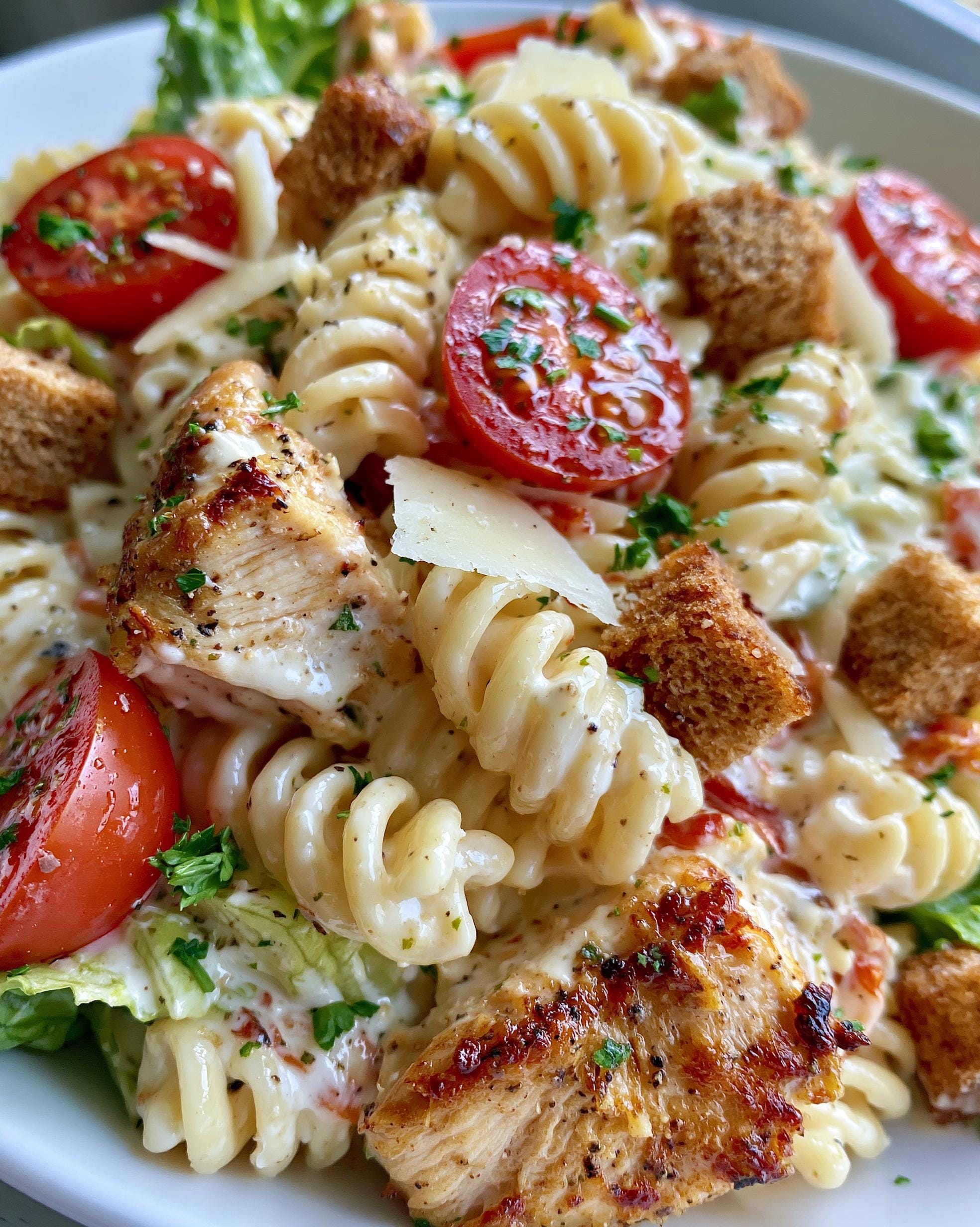 Close-up of a bowl of Chicken Caesar Pasta Salad featuring rotini pasta, grilled chicken, cherry tomatoes, croutons, and shaved Parmesan.