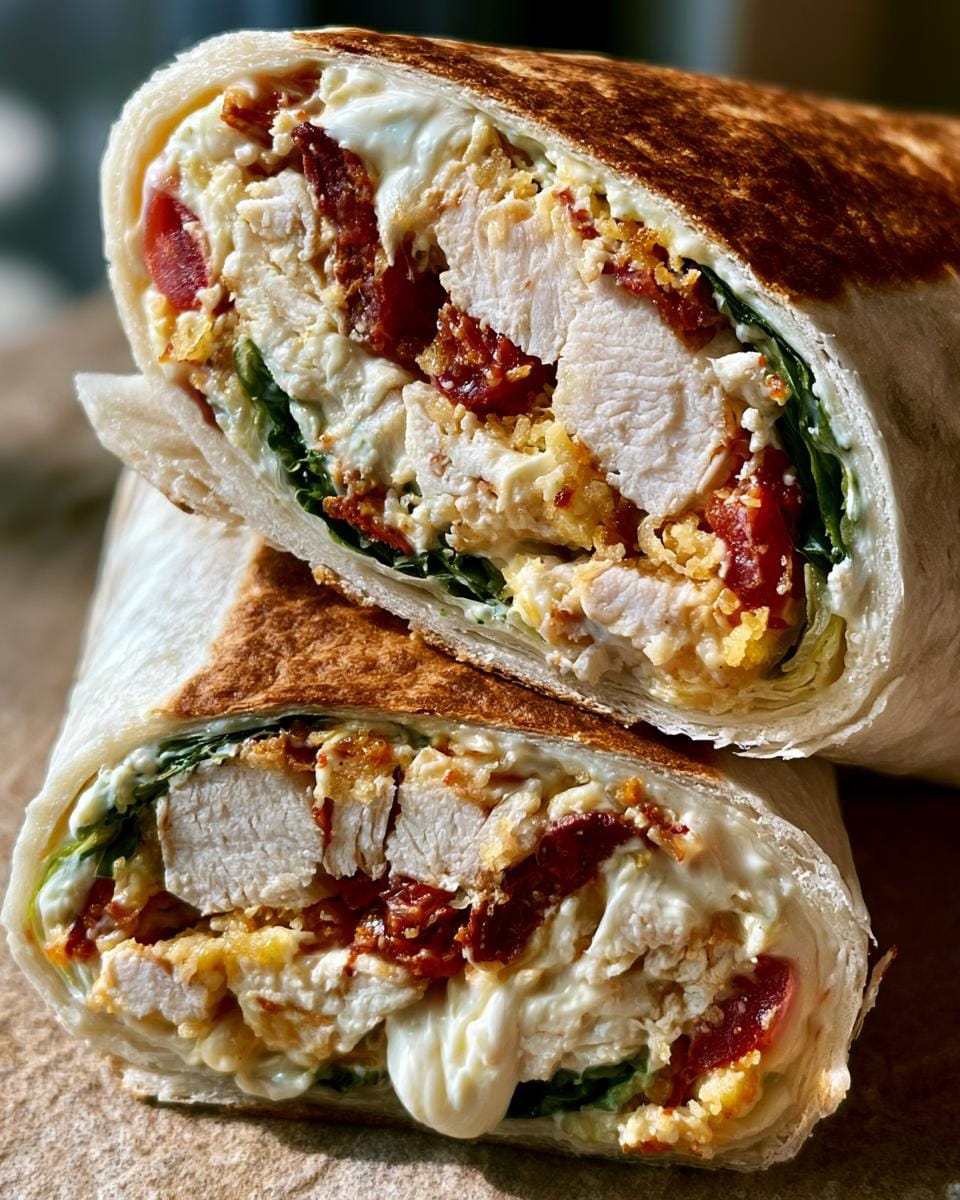 A close-up of a Chicken Caesar Wrap cut in half, showing tender chicken, crisp lettuce, creamy dressing, and sun-dried tomatoes.