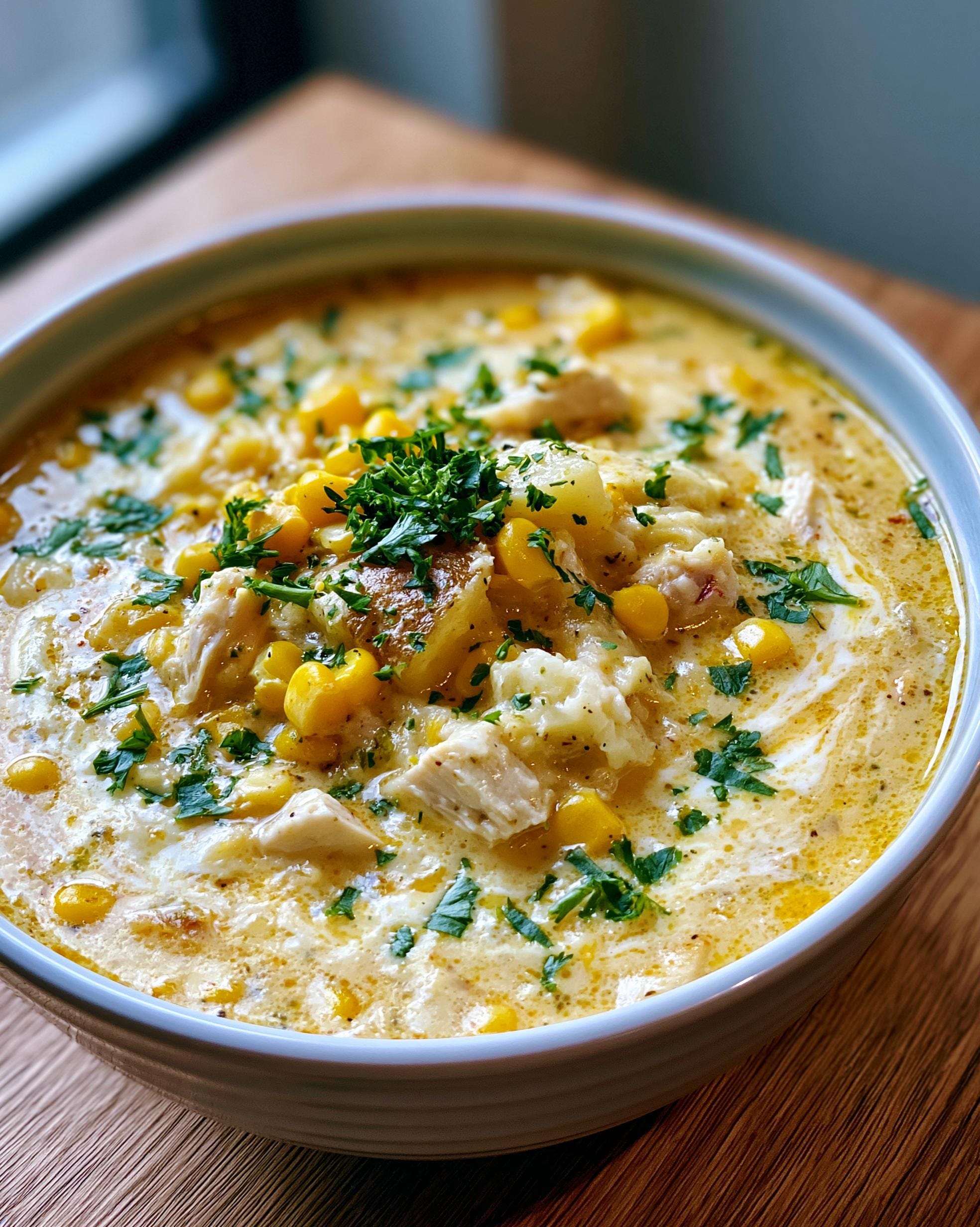 A close-up of a bowl of creamy Chicken Corn Chowder, filled with tender chicken pieces, corn kernels, and garnished with fresh parsley.