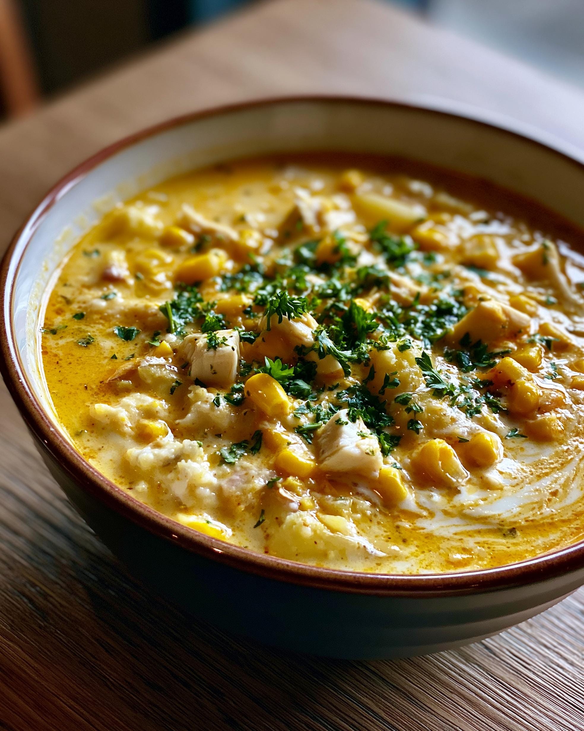 A close-up shot of a bowl of creamy Chicken Corn Chowder, garnished with fresh parsley.