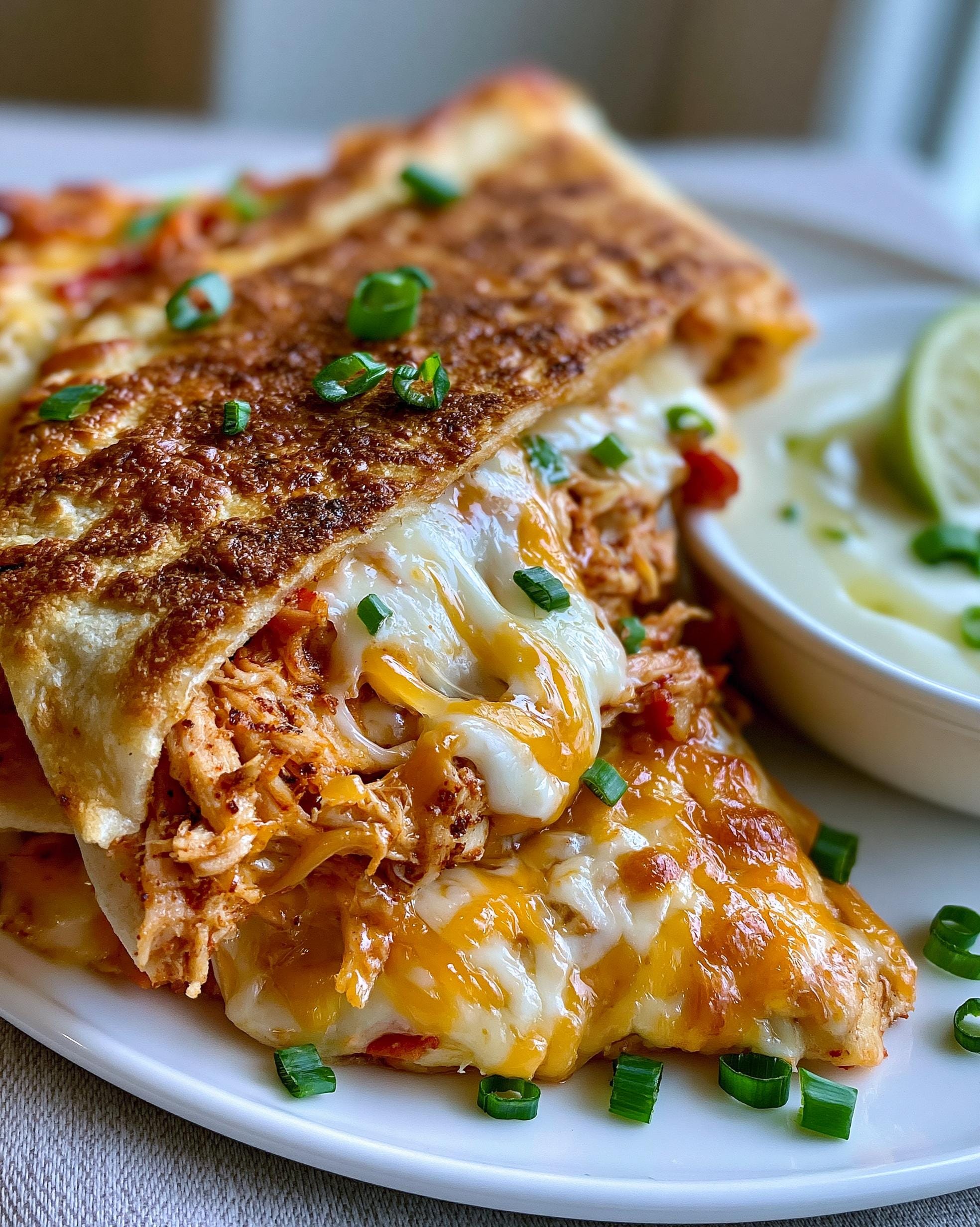 A close-up of a golden-brown Chicken Quesadilla, generously filled with shredded chicken and melted cheddar and Monterey Jack cheese, garnished with chopped green onions.