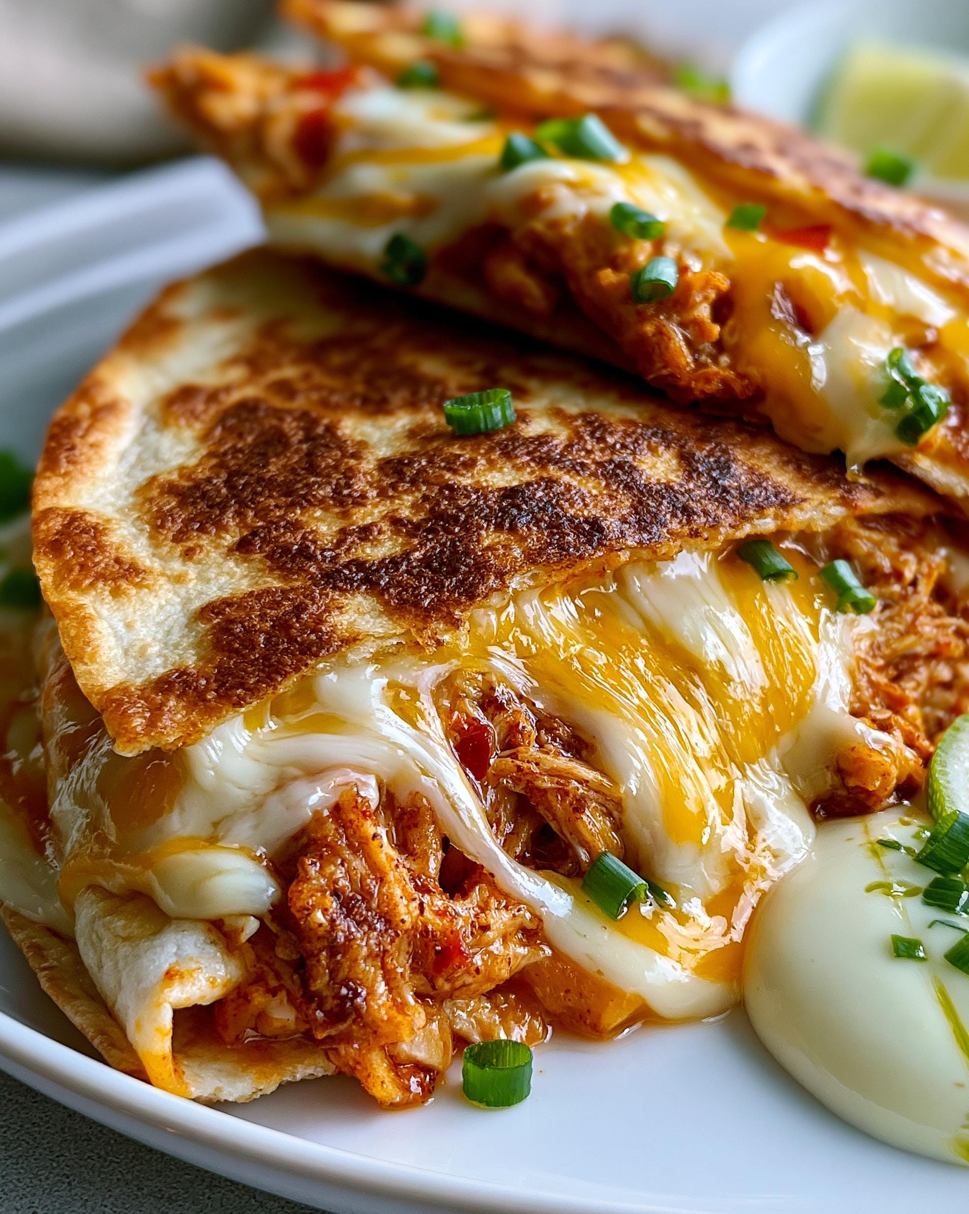Close-up of a golden-brown Chicken Quesadilla, oozing with melted cheese and garnished with chopped green onions.