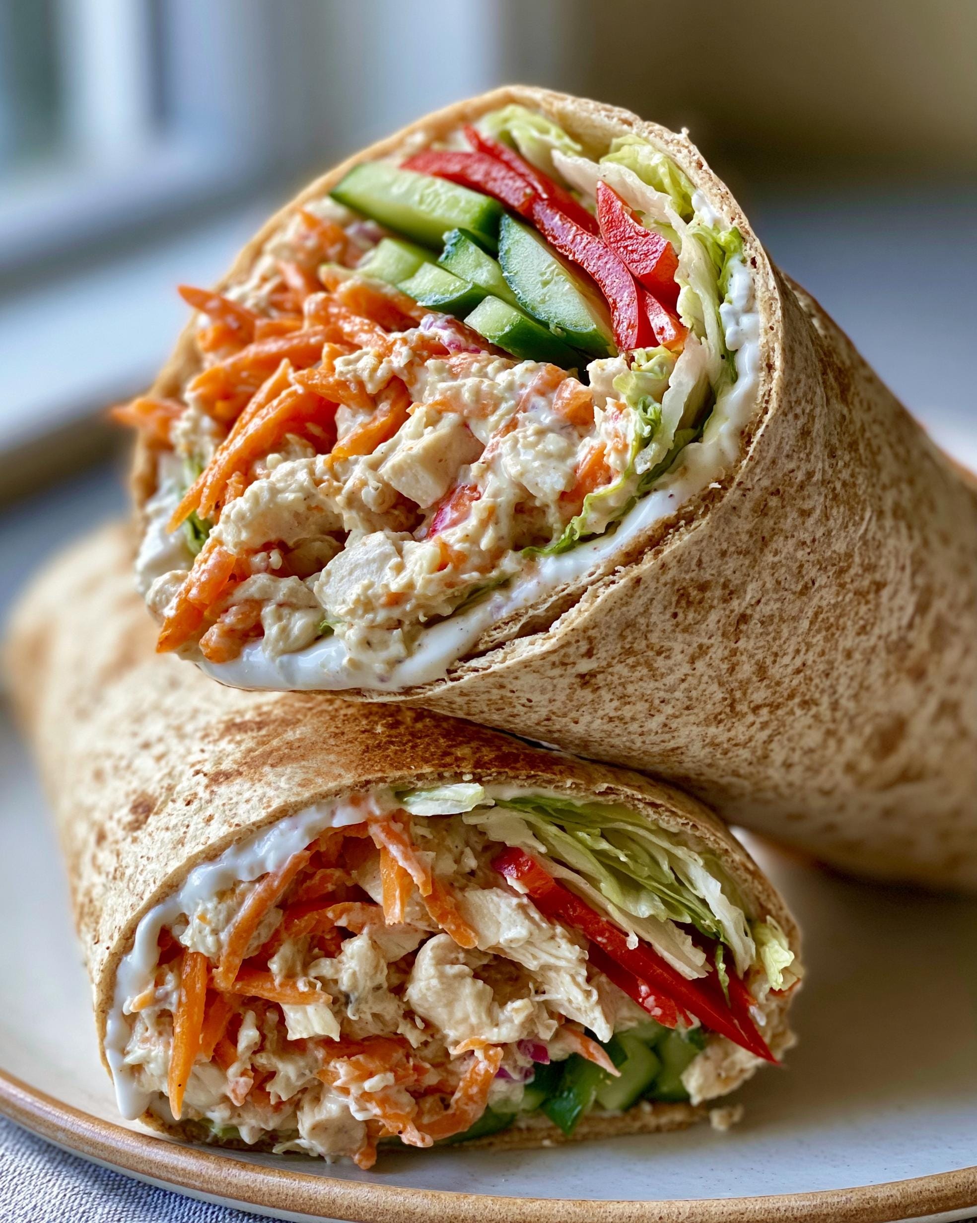 Close-up of two stacked Chicken Wrap Lunches filled with shredded chicken, carrots, cucumber, red pepper, and lettuce.