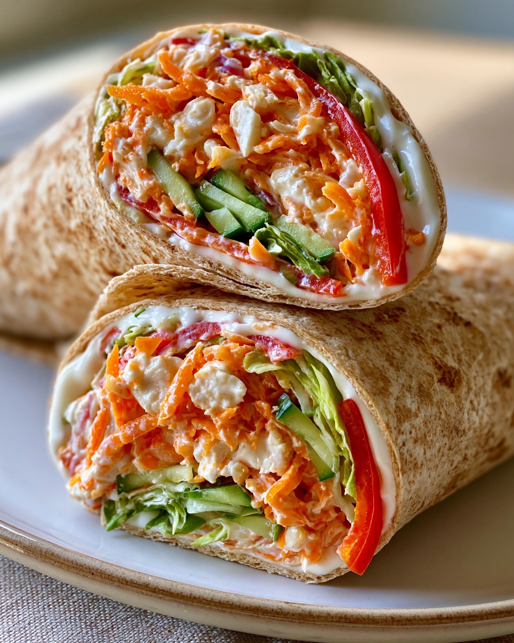 Close-up of a delicious Chicken Wrap Lunches cut in half, revealing shredded carrots, cucumber, lettuce, and red bell pepper with a creamy dressing.