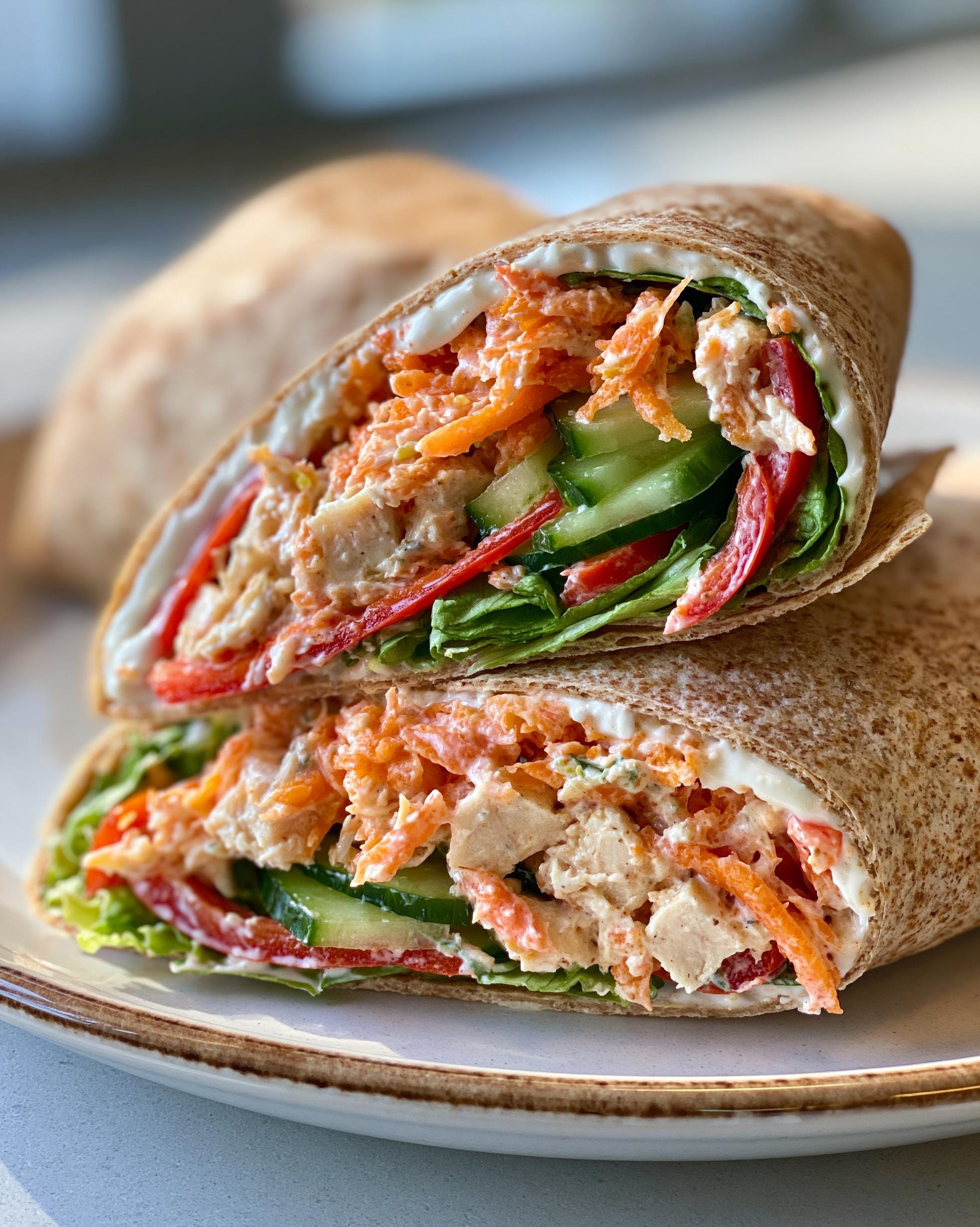 Close-up of a halved whole wheat chicken wrap lunch filled with shredded chicken, carrots, cucumber, lettuce, and red pepper.