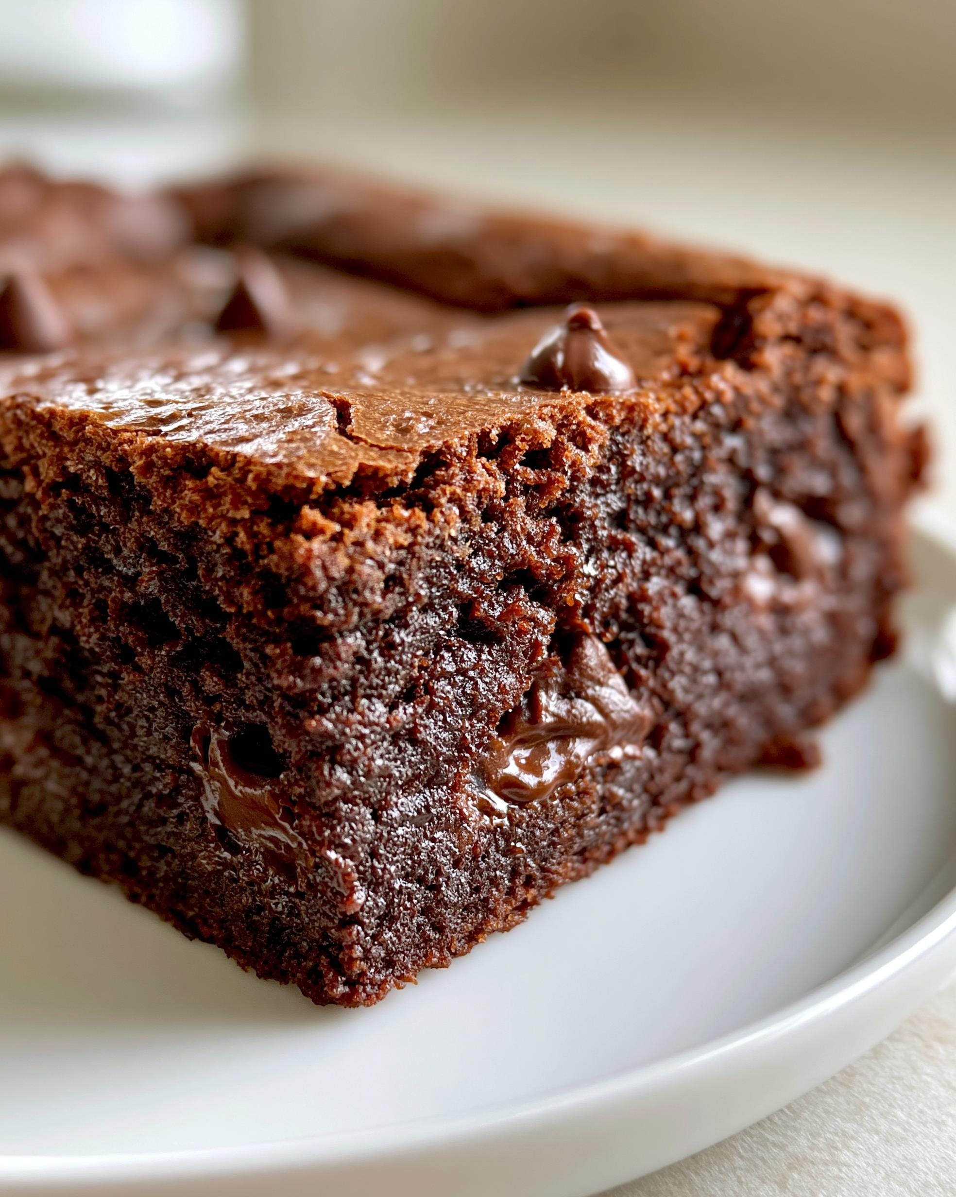 Close-up of a decadent chocolate Protein Brownie with melted chocolate chips on a white plate.