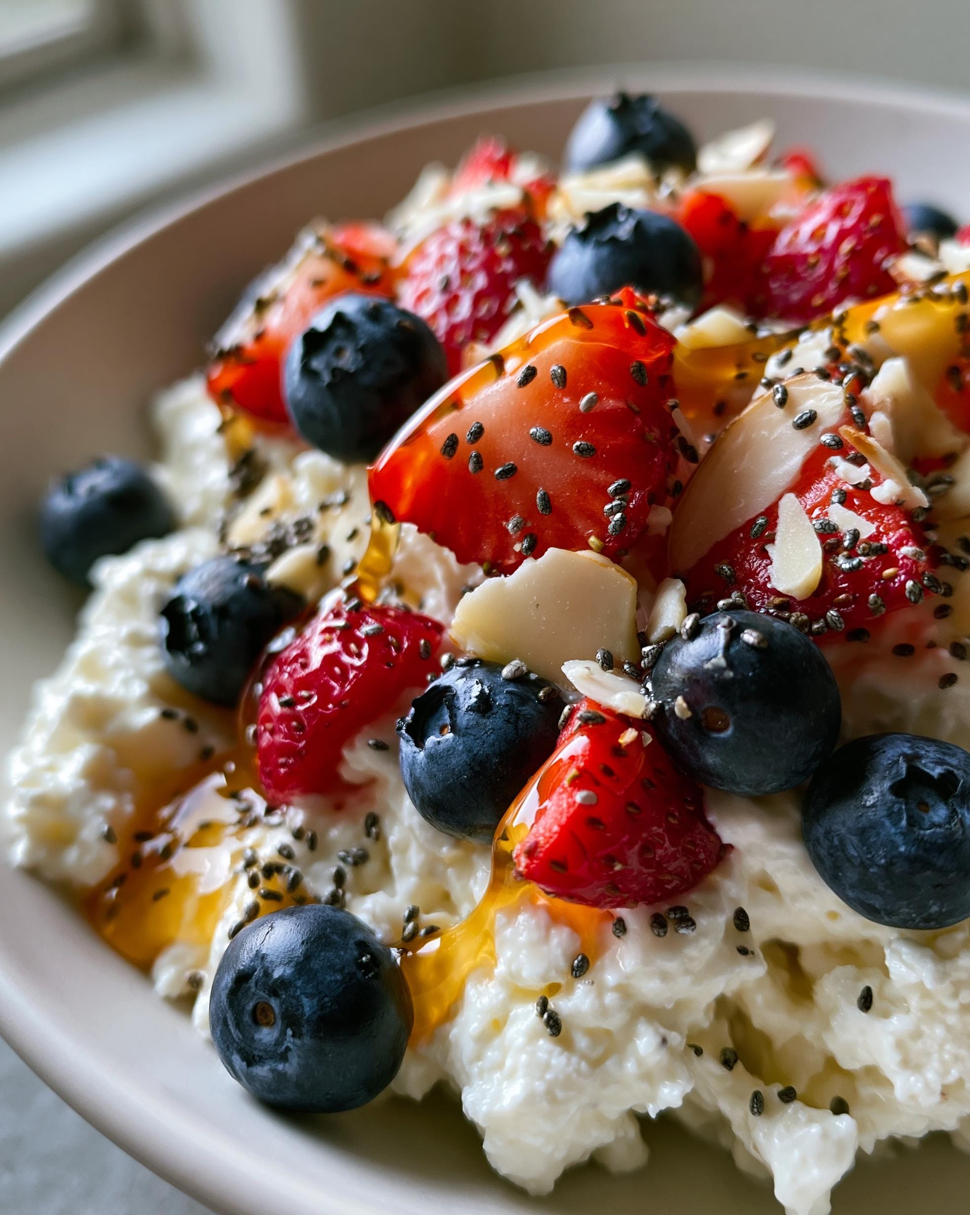 A close-up of a Cottage Cheese Breakfast Bowl topped with fresh strawberries, blueberries, chia seeds, slivered almonds, and a drizzle of honey.